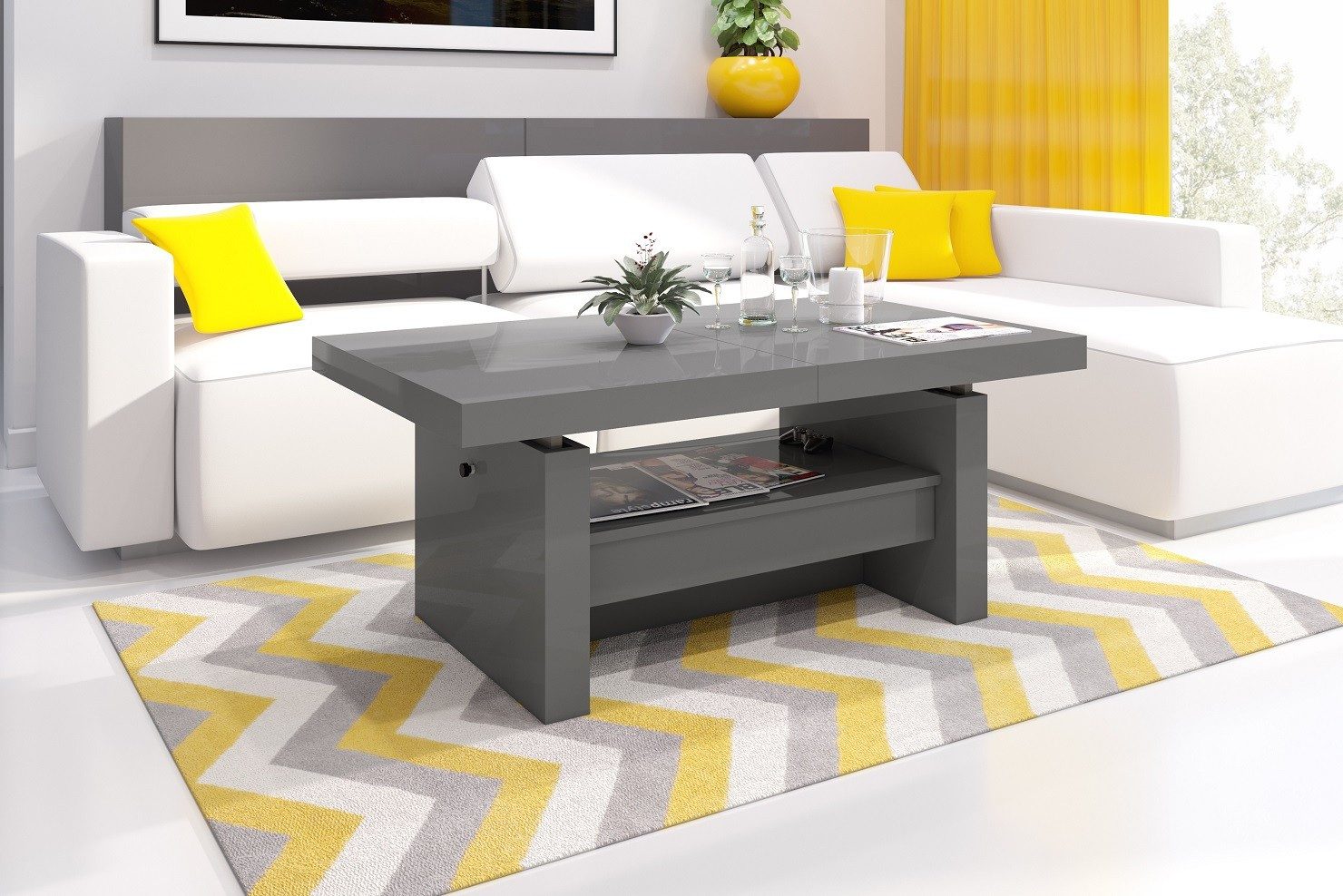 designimpex Couchtisch Aversa H-111 Grau / Anthrazit Hochglanz höhenverstellbar ausziehbar, Funktionstisch, Wohnzimmertisch, Tisch, Esstisch, Sofatisch, Schublade