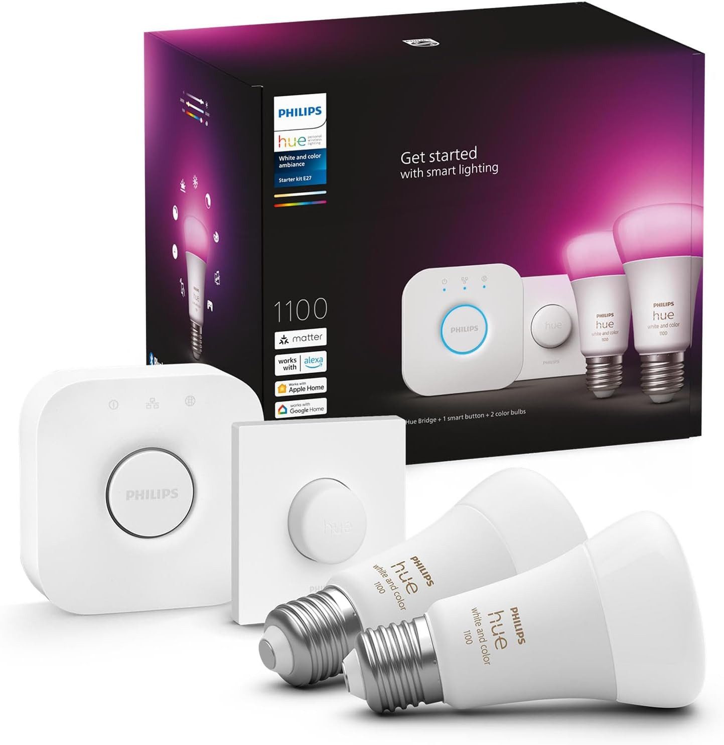 Philips LED-Leuchtmittel Philips Hue White & Color Ambiance Starter Set 1100lm 2er + Bridge, Starter-Set mit 16 Mio. Farben, App- & Sprachsteuerung