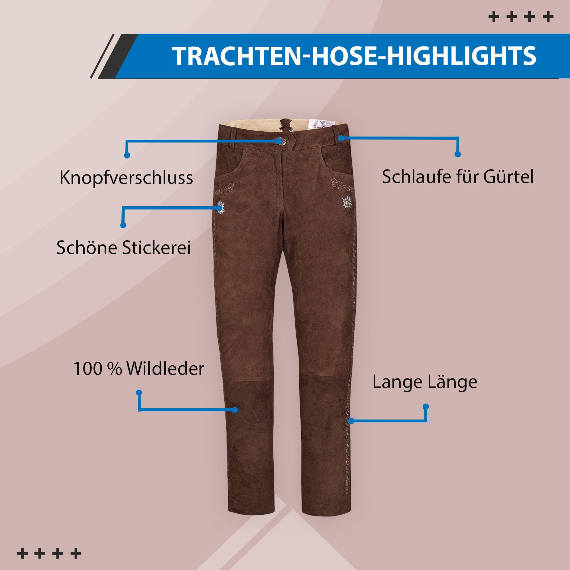 German Wear Trachtenlederhose GW1450 Lange Damen Trachten Lederhose Ziegenvelour
