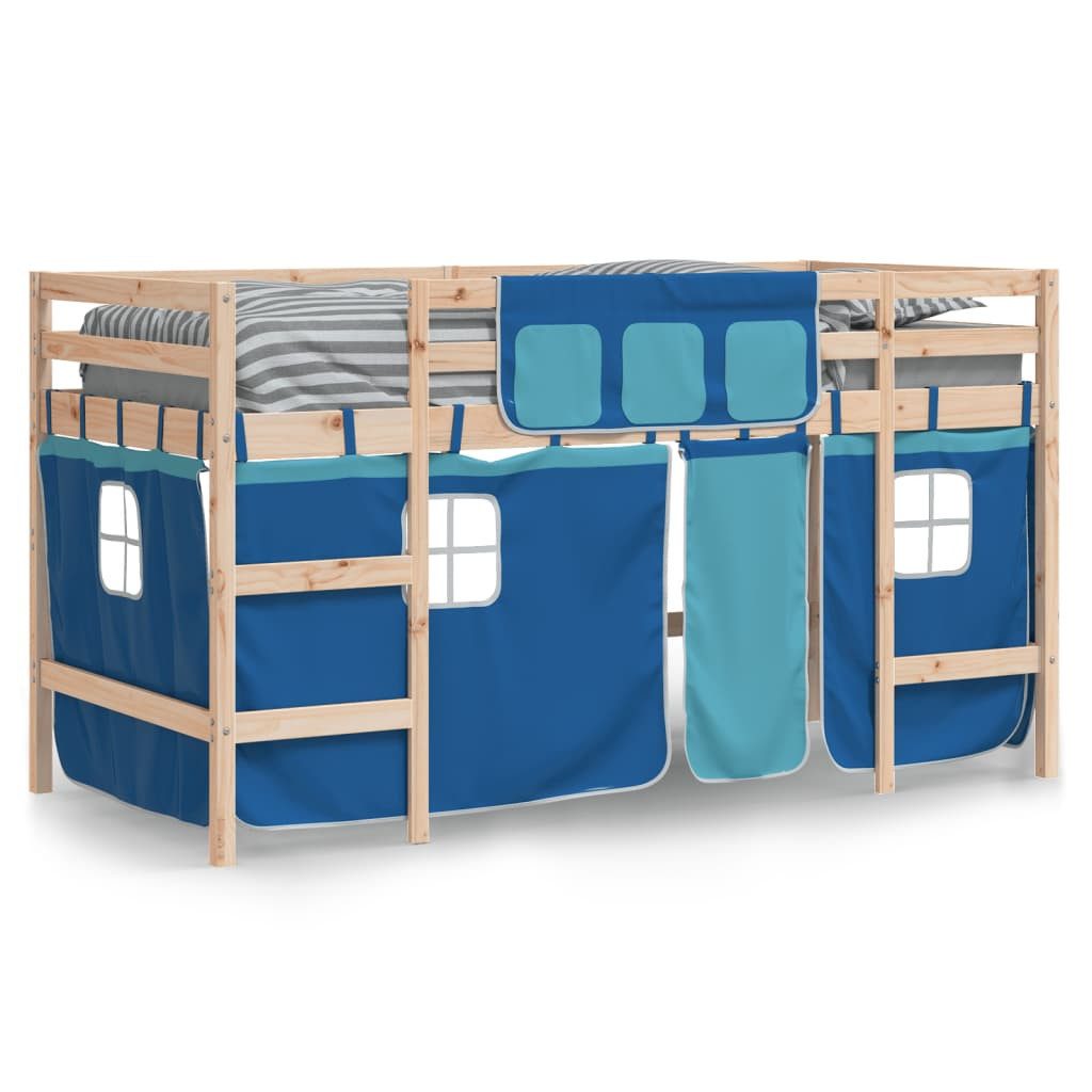 vidaXL Bett Kinderhochbett mit Vorhängen Blau 80x200 cm Massivholz Kiefer