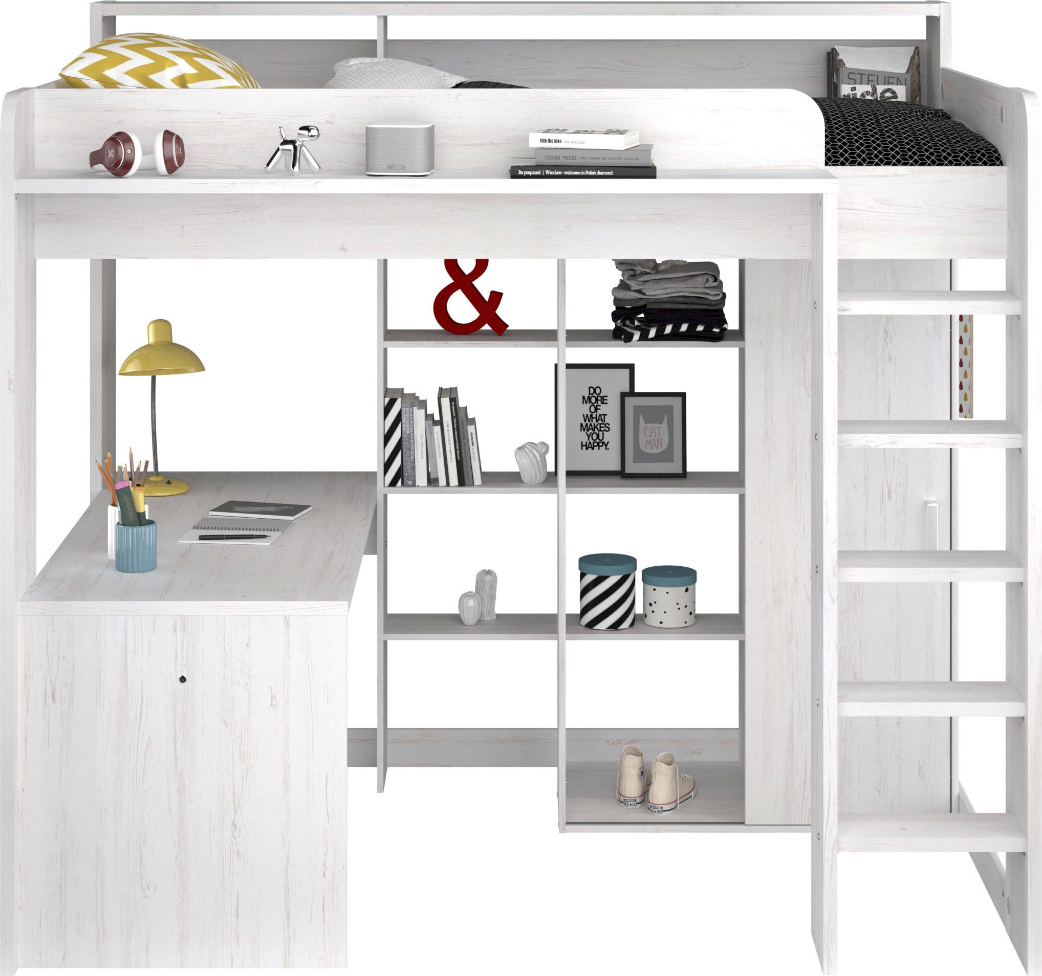 Parisot Hochbett Higher, mit Schreibtisch, Schiebetürenschrank, Regale oben und unten (Liegefläche 90x200cm,Maße (B/H/T: 206/189/138 cm), Betthöhe ca. 140 cm) maximaler Stauraum, breite Trittstufen, toll für kleine Räume!