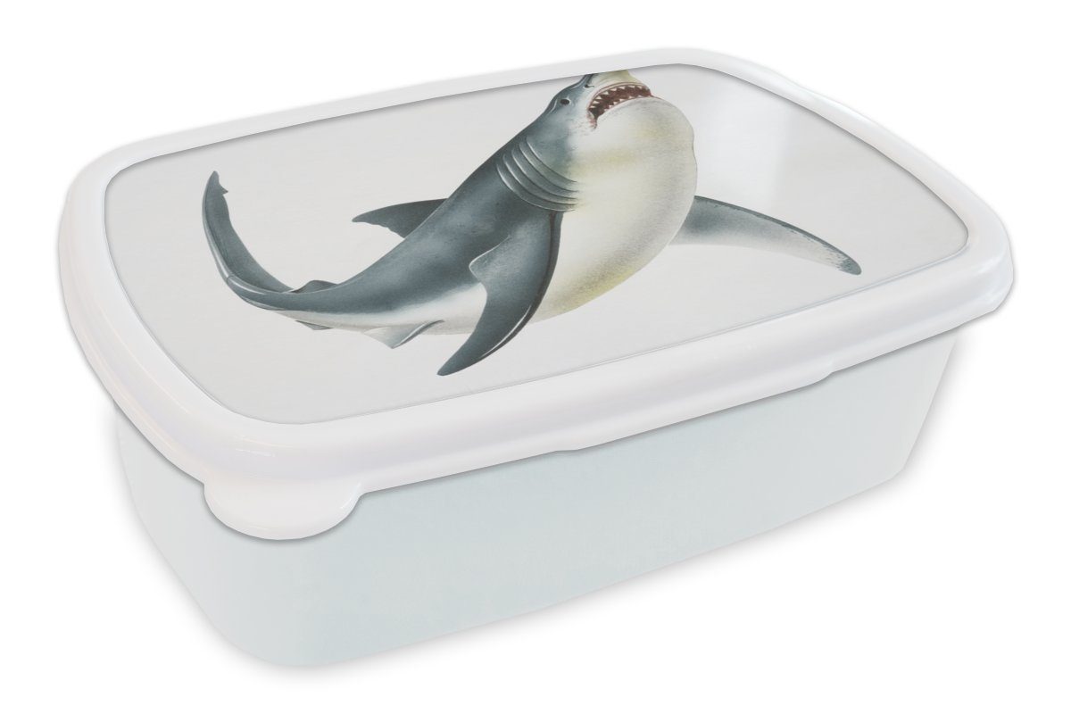 MuchoWow Lunchbox Illustration - Hai - Weiß, Kunststoff, (2-tlg), Brotbox für Kinder und Erwachsene, Brotdose, für Jungs und Mädchen