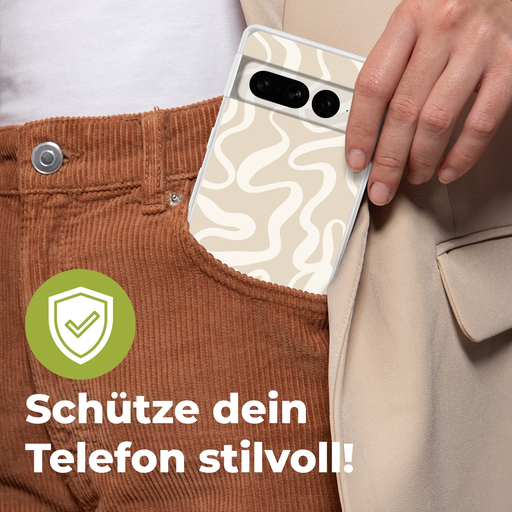 MuchoWow Handyhülle für Google Pixel 7 Pro Linien - Abstrakt - Beige - Weiß - Minimalistis, Phone Case, Silikon, Schutzhülle Dünn