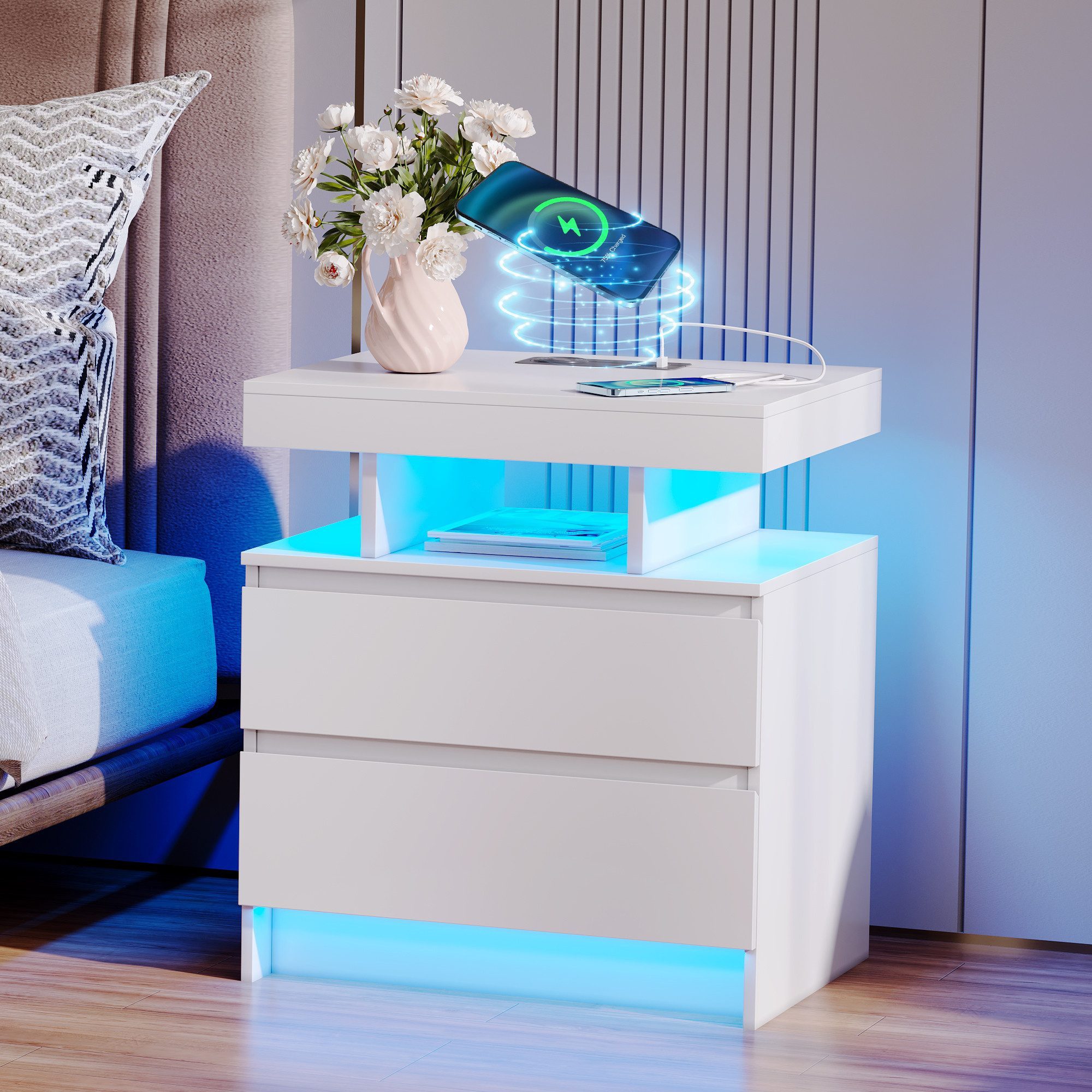 LVSOMT Nachttisch LED Nachttisch mit Ladestation, 3 Farben Licht und Steckdose, mit 2 Schubladen, aus hochwertigen MDF-Platten und leisen Schienen