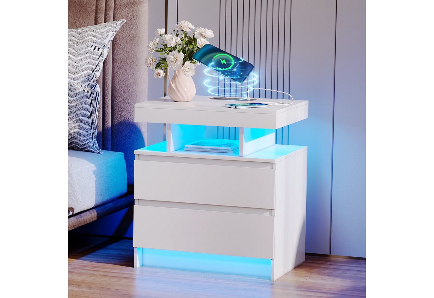 LVSOMT Nachttisch LED Nachttisch mit Ladestation, 3 Farben Licht und Steckdose, mit 2 Schubladen, aus hochwertigen MDF-Platten und leisen Schienen