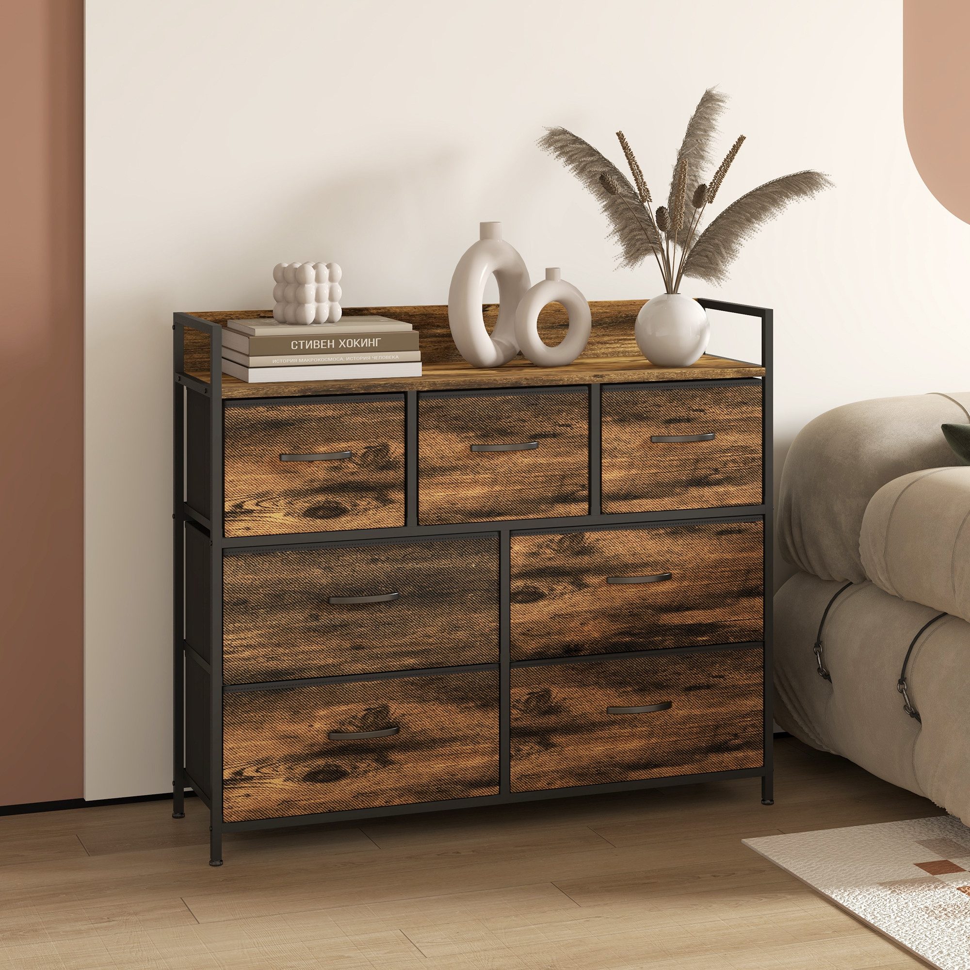 HOMCOM Kommode Stoff Kommodenschrank mit 7 Schubladen, Ablage und Stahlgestell (Aufbewahrungsschrank, 1 St., Sideboard), für Schlafzimmer, Wohnzimmer, Rustikal-Braun