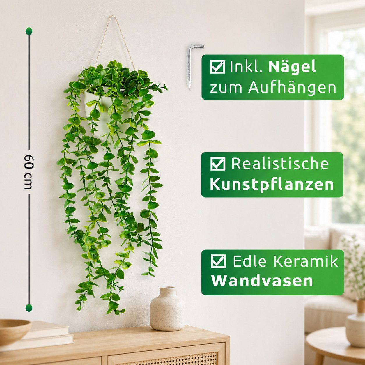 Kunstpflanze Künstliche hängepflanzen im Keramiktopf, Kunstpflanze hängend Efeu, Eukalyptus, Monstera, Zebrapflanze, PASCH – Bild 3 von 5