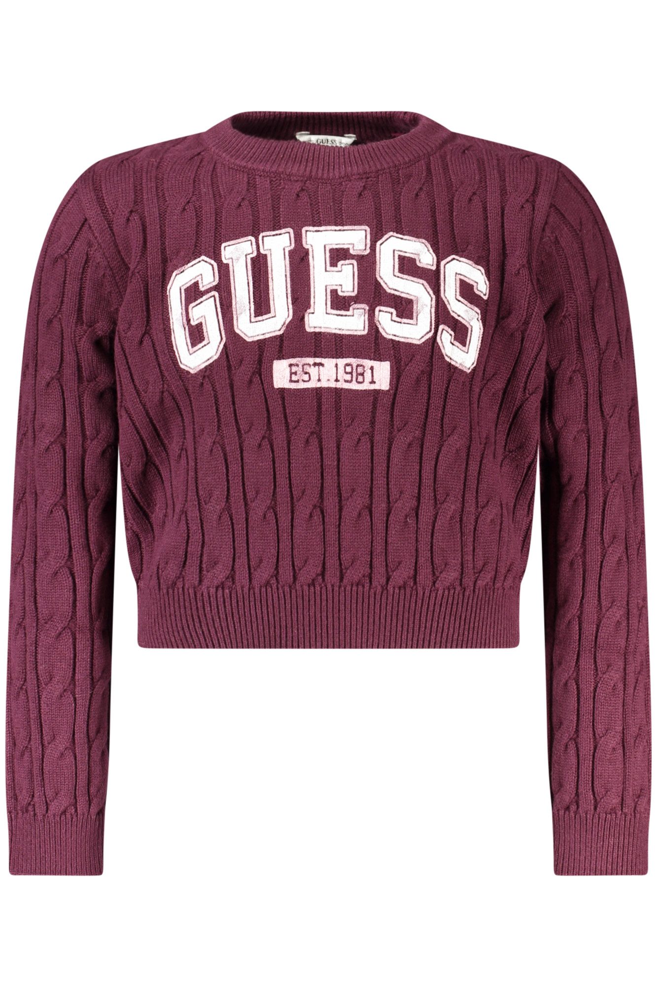 GUESS JEANS Strickpullover Lila Mädchenpullover mit Zopfmuster und Rundhalsausschnitt entdecken