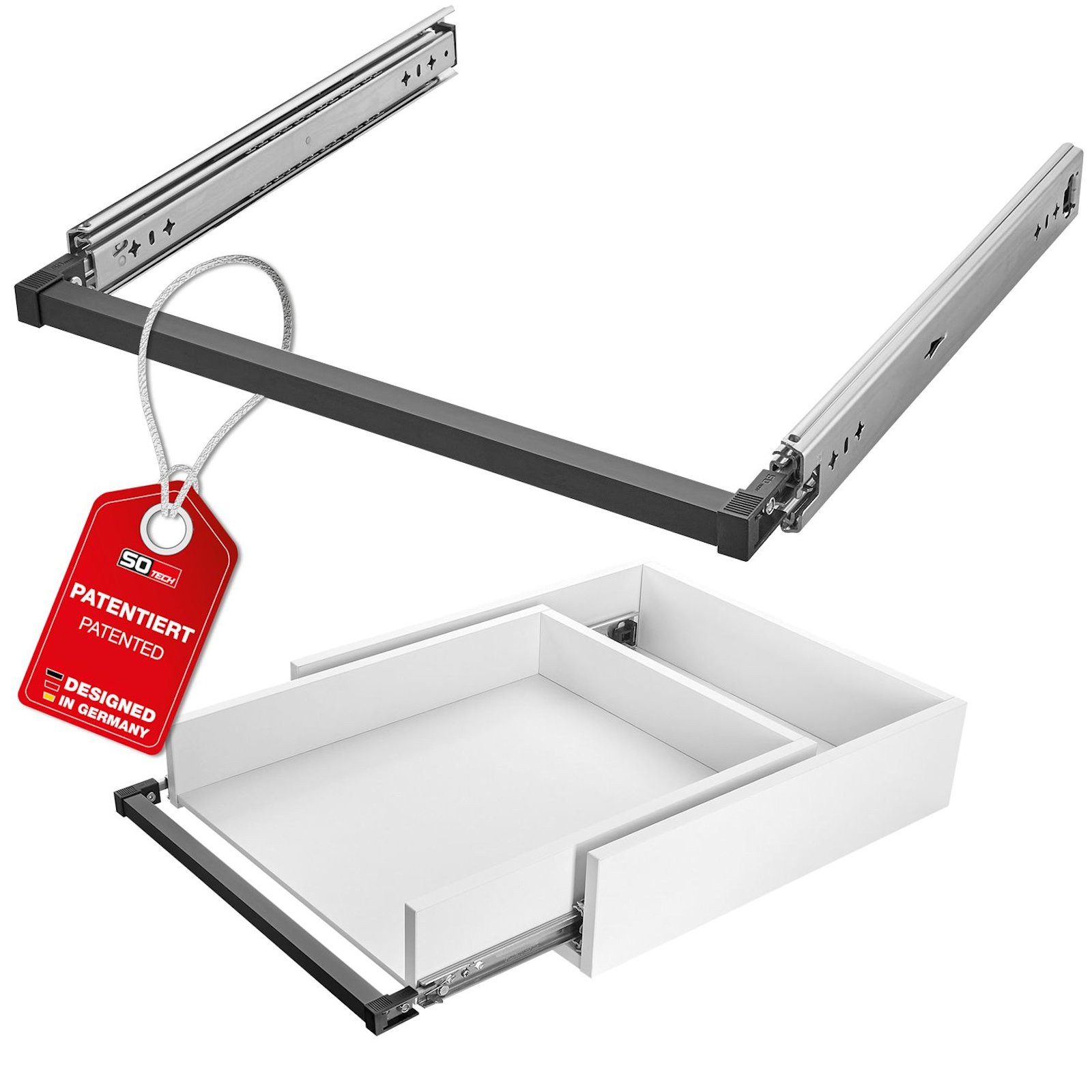 SO-TECH® Auszug VarioSlide bis 100 kg, mit Verriegelung, einhändig bedienbar (Set), Vollauszug 60 cm Breite, 30 cm Tiefe, ohne Front schwarz