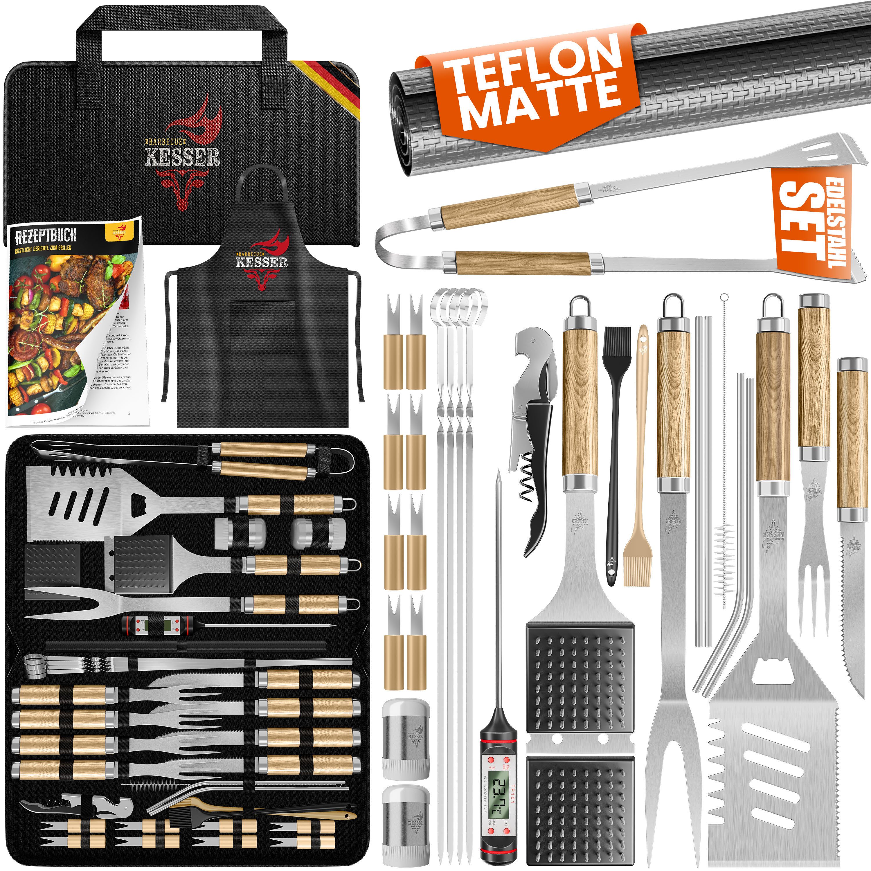 KESSER Grillbesteck-Set, (Grillzubehör Set mit Grillzange, Grillwender, 4in1 Grillspatel, Grillgabel, Grill-Spieß, Thermometer, Korkenzieher, Grillmatte & Tasche, 37 tlg), BBQ Profi Grillset aus rostfreiem Edelstahl