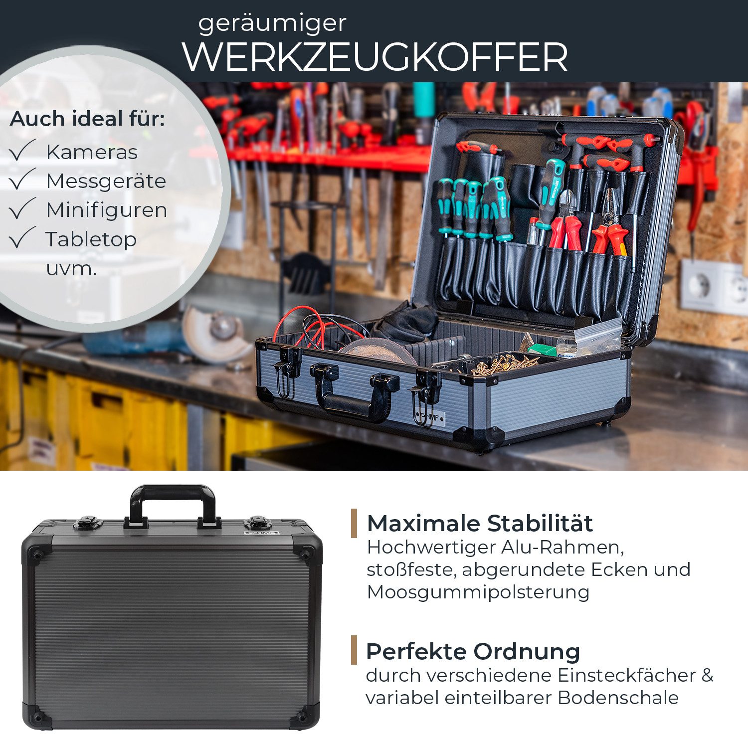 HMF Werkzeugkoffer Alu Werkzeugkoffer leer, 17 Einsteckfächer für Werkzeug, Werkzeugkiste, mit verstellbarer Facheinteilung, 46 x 33 x 15 cm, Anthrazit-Schwarz