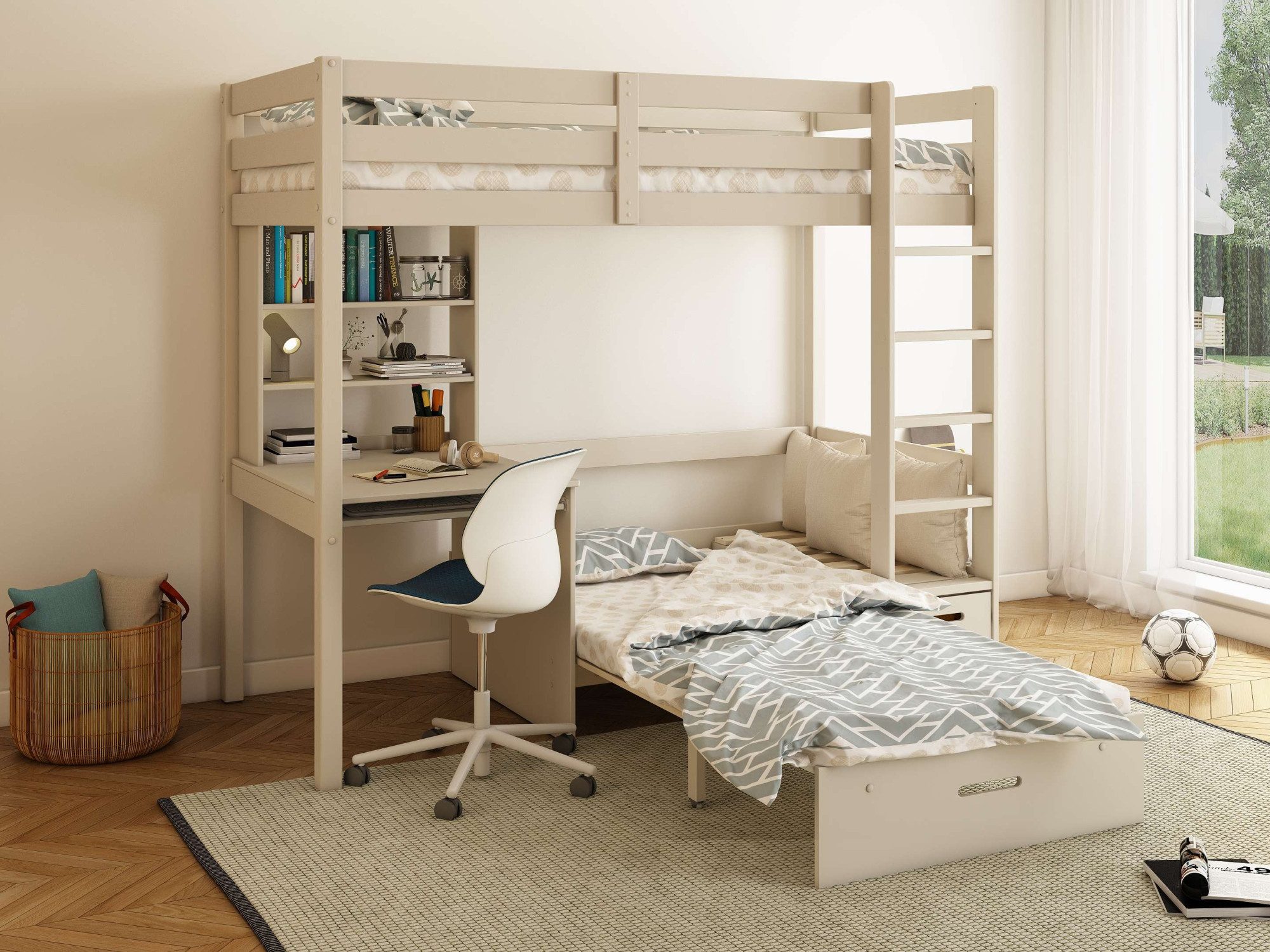 OTTO home Etagenbett HENNE' TOPSELLER! Hochbett, Ideal für kleine Räume, 2 Schlafplätze (zweiter Schlafplatz ausziehbar, B/H/T ca. 208/180/105cm), mit Polsterauflagen, Schreibtisch, Stauraum, seitenverkehrt montierbar