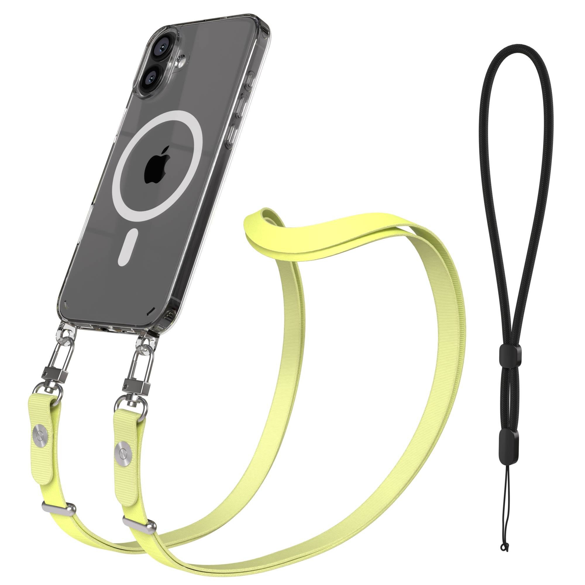 EAZY CASE Handykette für Apple iPhone 16 Plus Handyhülle mit Handyband magnetisch, MagSafe Schutzhülle in Gelb mit flexibler Kette bis 1,90 m