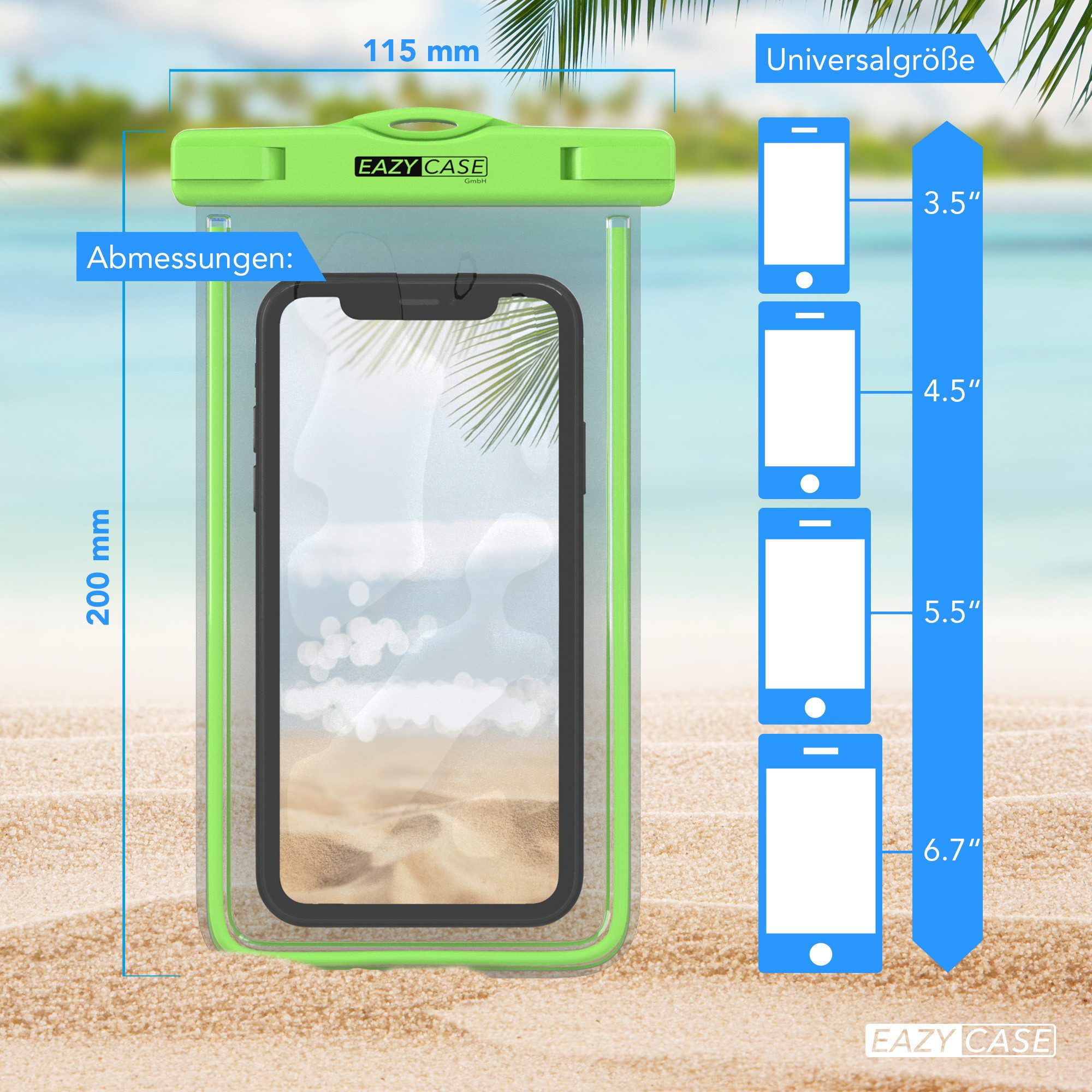EAZY CASE Handyhülle Universale Unterwasser-Tasche für viele Modelle 3,5 - 6,7 Zoll, Unterwasser Taschen zum Tauchen Unterwasser Fotos Schutzhülle Grün