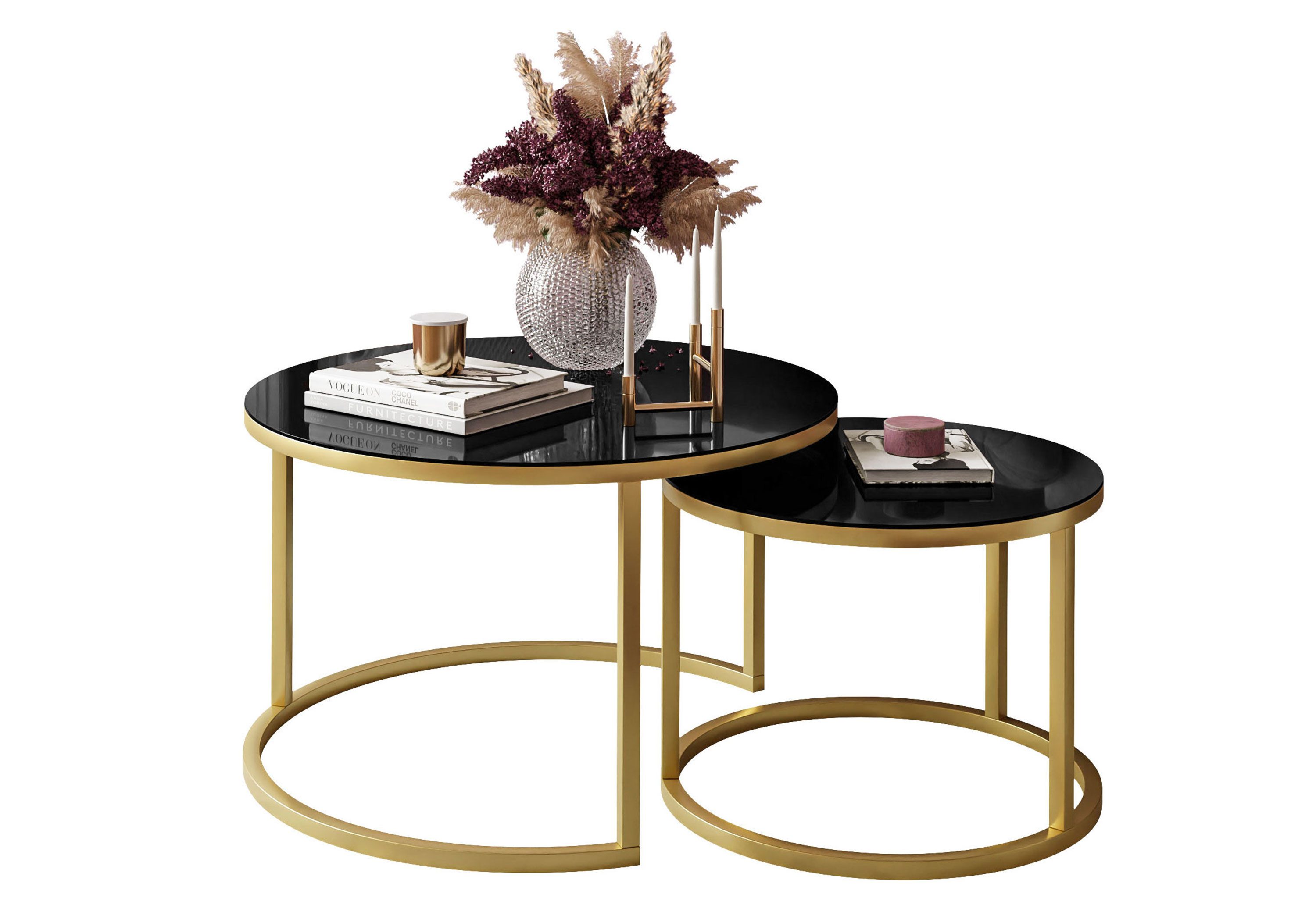 Lookway Couchtisch CIRI 2in1 Hochglanz mit Gold Matt Gestell, Runder Tisch (2er Set), Durchmesser: ⌀70 cm & ⌀50 cm und Durchmesser: ⌀80 cm & ⌀60 cm