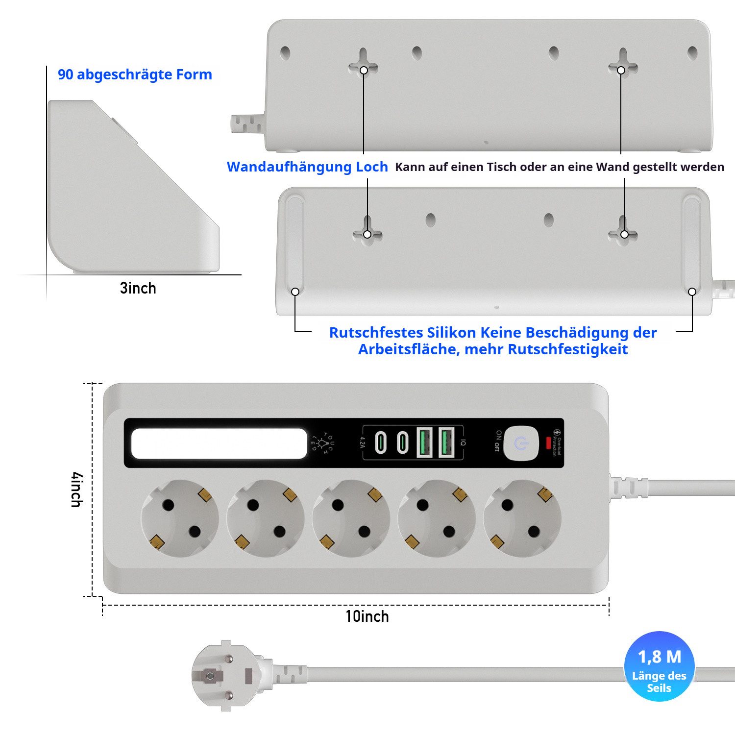 QUBEBU Steckdose 5fach Steckdosenleiste mit 2x USB-C 2x USB-A, 1,8 m Verlängerungskabel, 9-IN-1 Mehrfachsteckdose, Steckdosenleiste für Zuhause,Büro, 1-St.