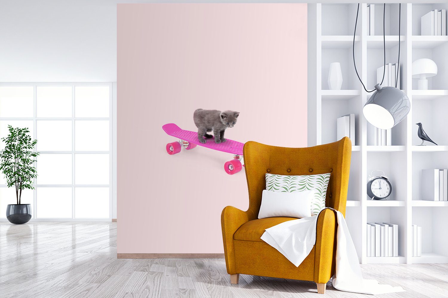 Wandtapete - Tapete Tiere - Wohnzimmer, Matt, Kätzchen für Skateboard Vinyl St), - (4 MuchoWow Montagefertig bedruckt, Rosa, Fototapete - Katze