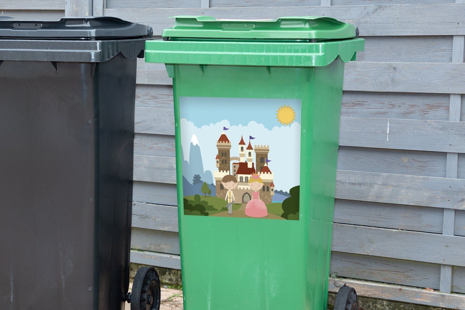 MuchoWow Wandsticker Eine Illustration einer einer Mülleimer-aufkleber, Abfalbehälter Sticker, Cartoon-Welt Mülltonne, mit Container, einem St), Prinzen und (1