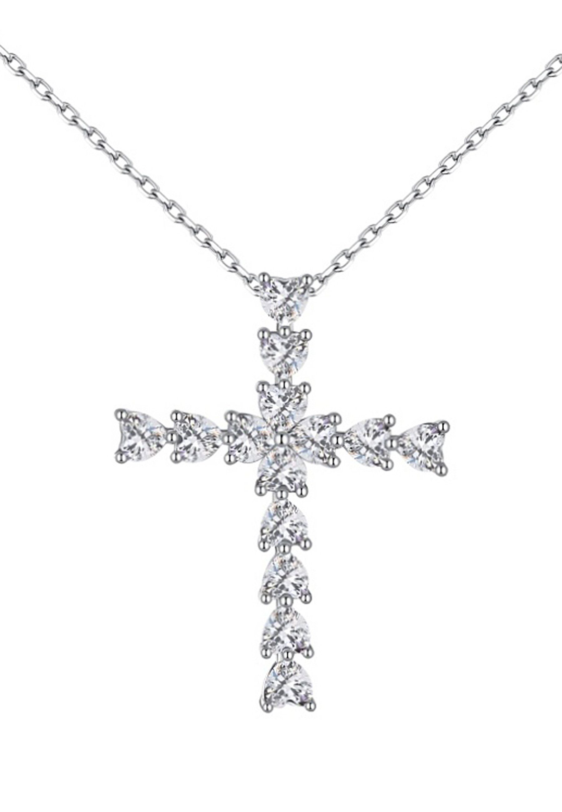 Zirconia Kommunion Halskette Kreuz-Kette, BRELLATO Kreuz-Anhänger, 925 Rhodiniert, Sterling mit 18K 5-A Herz Kristall-Herzen Silber-Kette Silber Kreuzkette Kreuz-Anhänger, 1-tlg., (Set, Firmung), Damen Geschenk