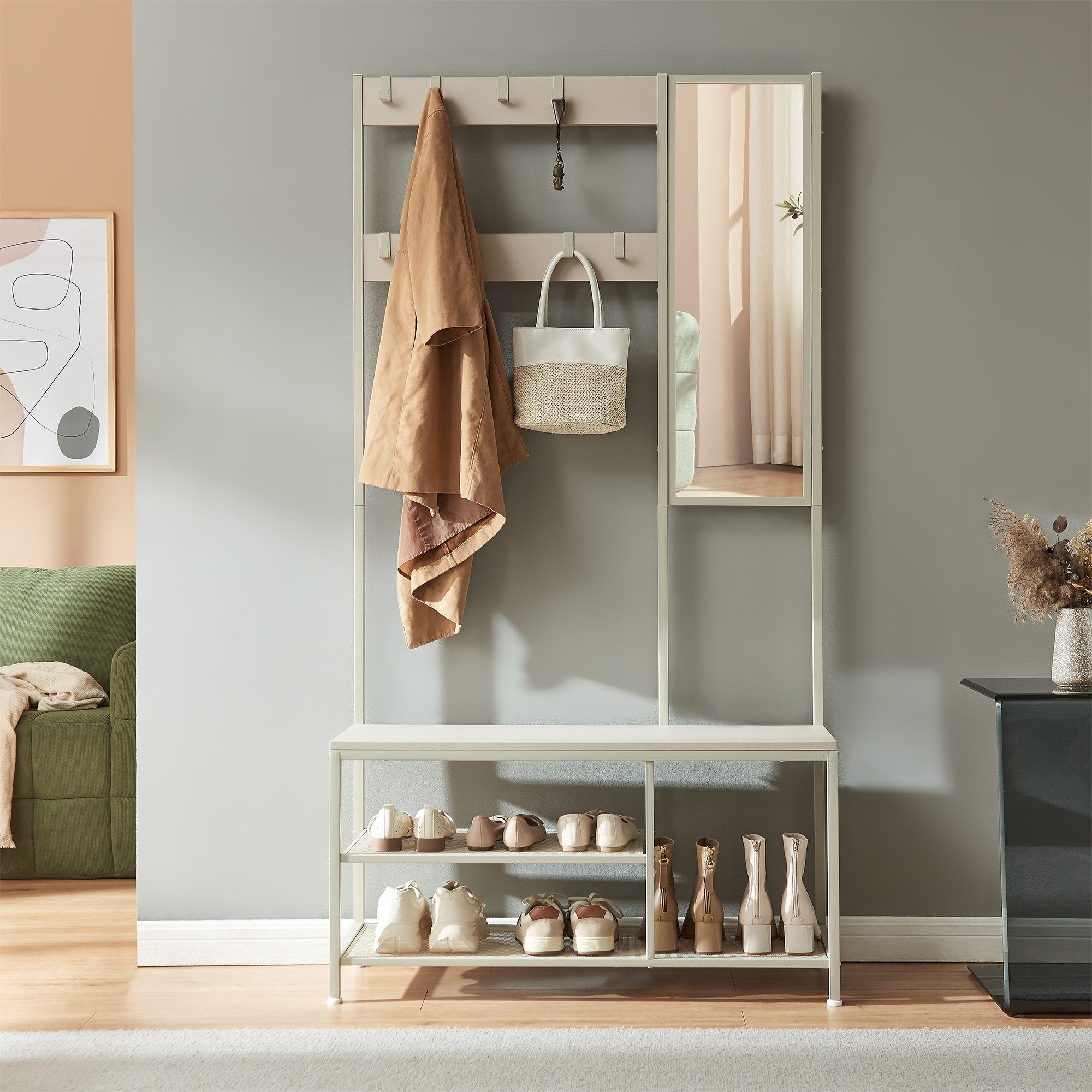 en.casa Garderobenständer, »Napinerg« mit Spiegel Schuhregal Sitzbank 185x98x34 cm Sandfarben