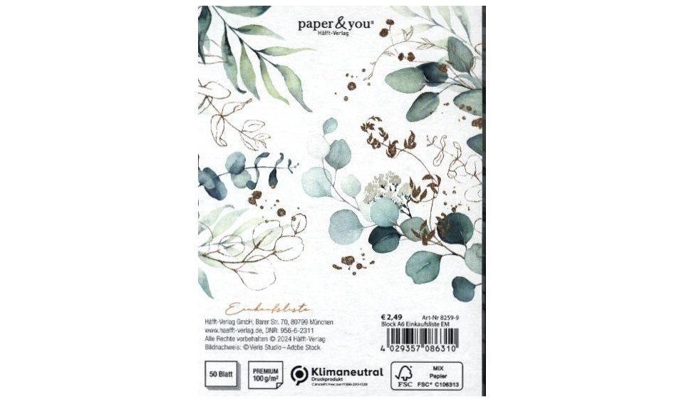 Häfft Notizheft paper&you Block A6 Einkaufsliste [Blattgold] EM