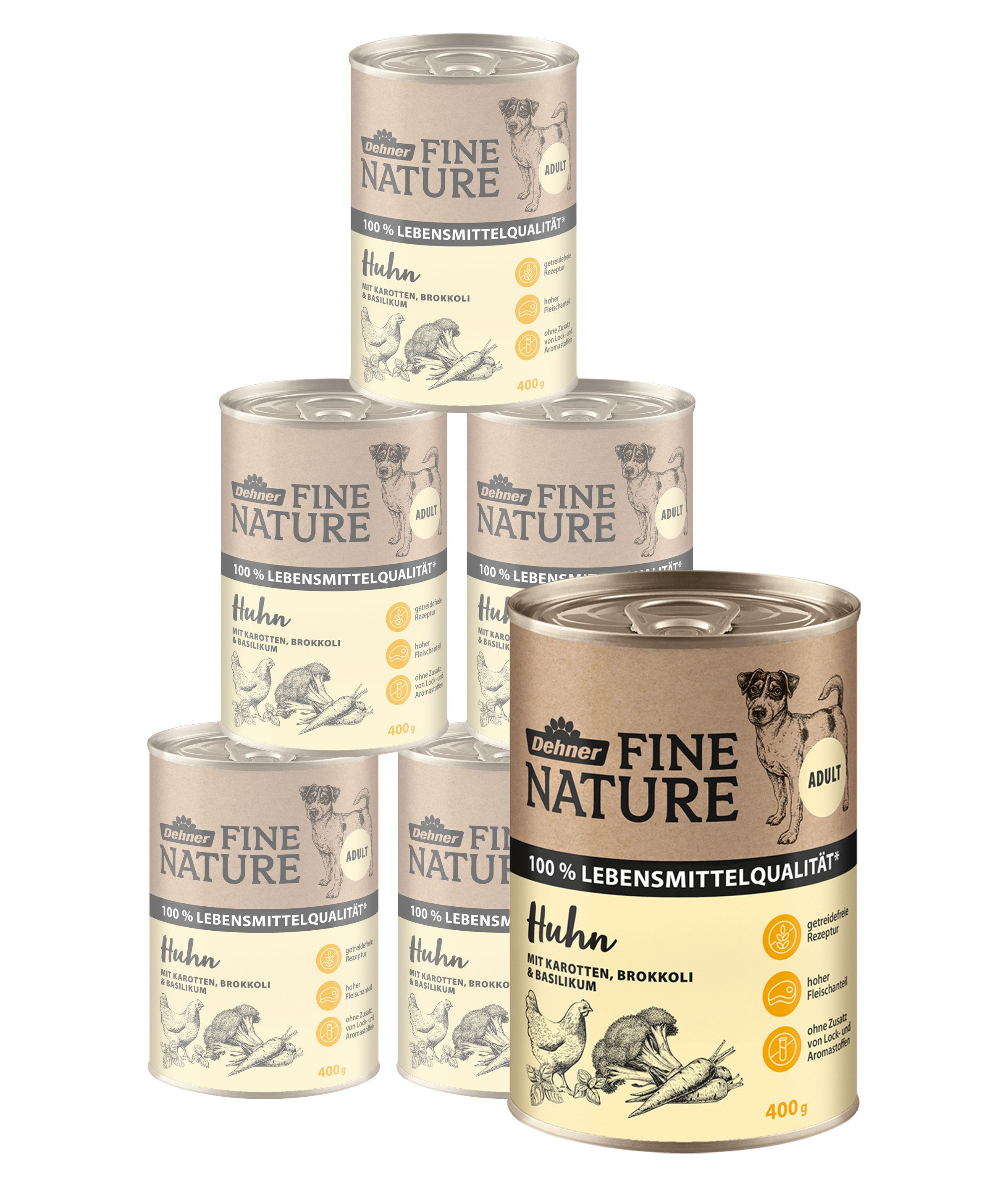 Dehner Fine Nature Adult Huhn, 6 x 200 g / 400 g / 800 g Dose, getreidefrei Huhn, Nassfutter für: Hunde, Nassfutter für ausgewachsene Hunde, Lebensmittelqualität