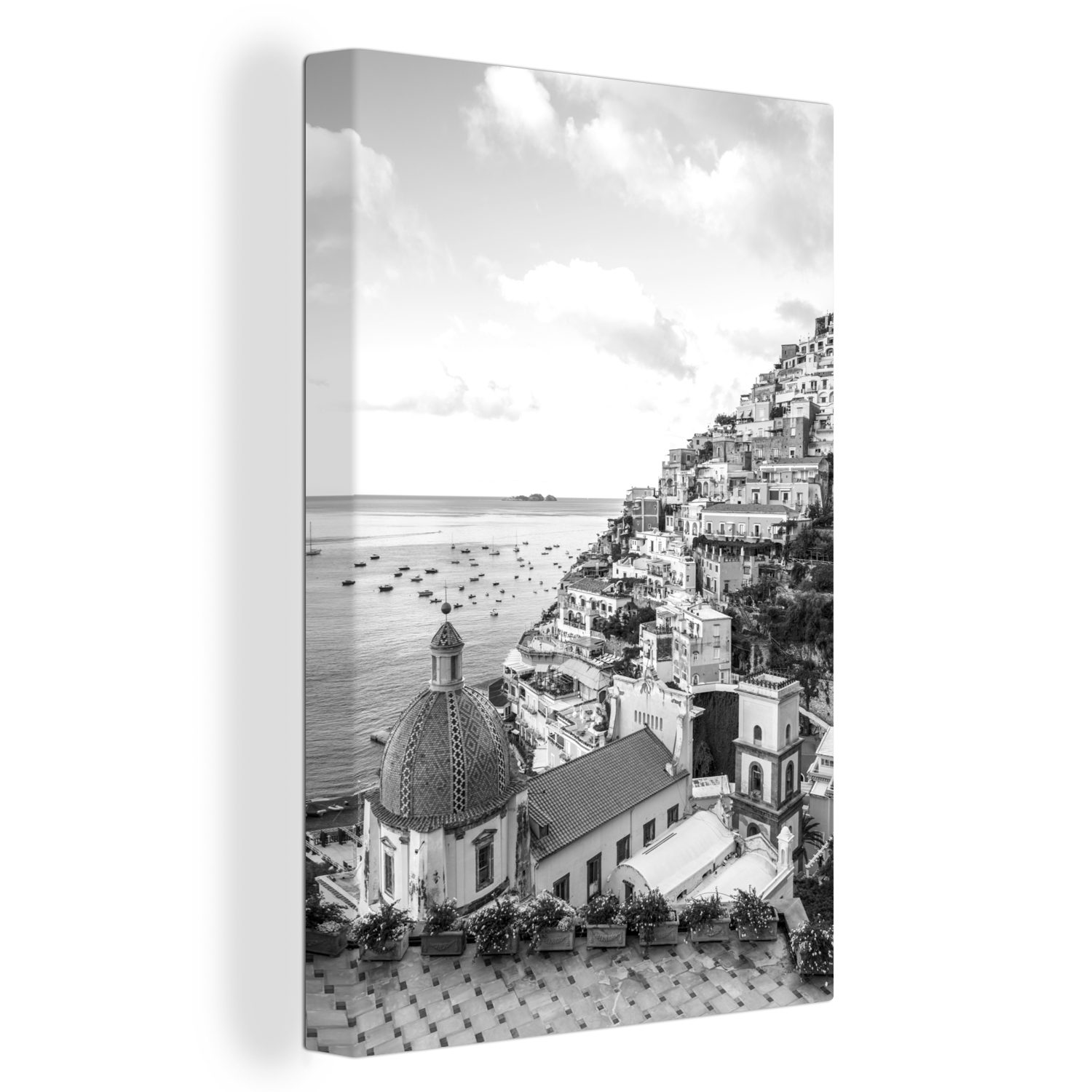 OneMillionCanvasses® Leinwandbild Das Dorf Positano an der Amalfiküste in Süditalien - schwarz und weiß, (1 St), Leinwandbild fertig bespannt inkl. Zackenaufhänger, Gemälde, 20x30 cm