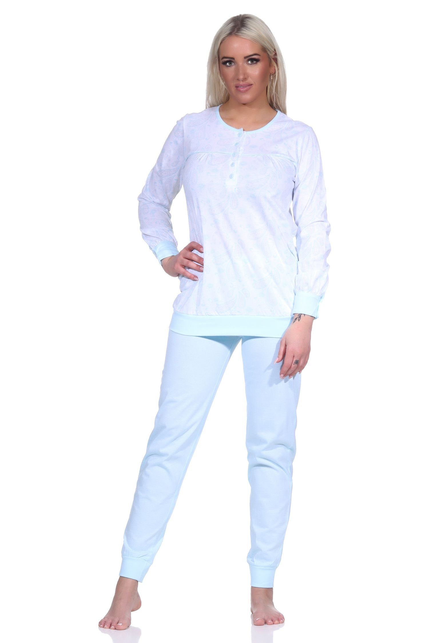 Normann Pyjama Damen Schlafanzug mit Bündchen im Paysley Design und Hals Knopfleiste hellblau