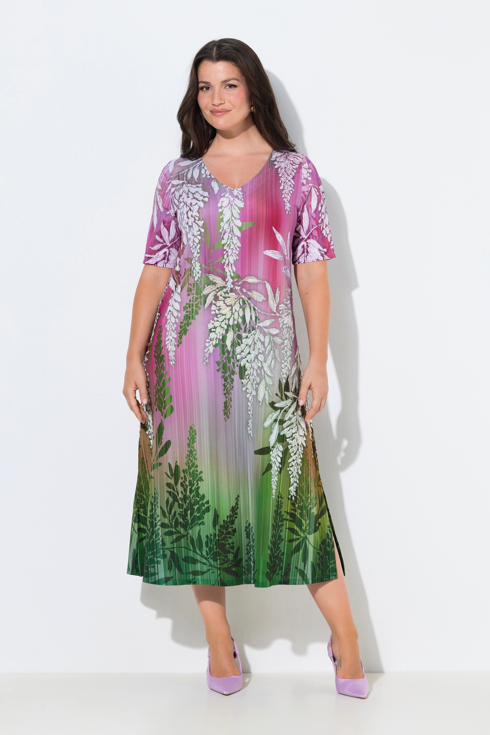 Ulla Popken Dames grote maten grote maten plus size ribjersey midi-jurk met ritssluiting, A-lijn, V-hals, lange mouwen, Lichtgrijs Mélang, 62-64