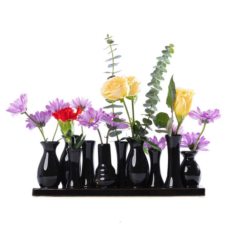 Jinfa Dekovase Handgefertigte kleine Keramik Deko Blumenvasen (10 Vasen Set schwarz), verbunden auf auf einem Tablett
