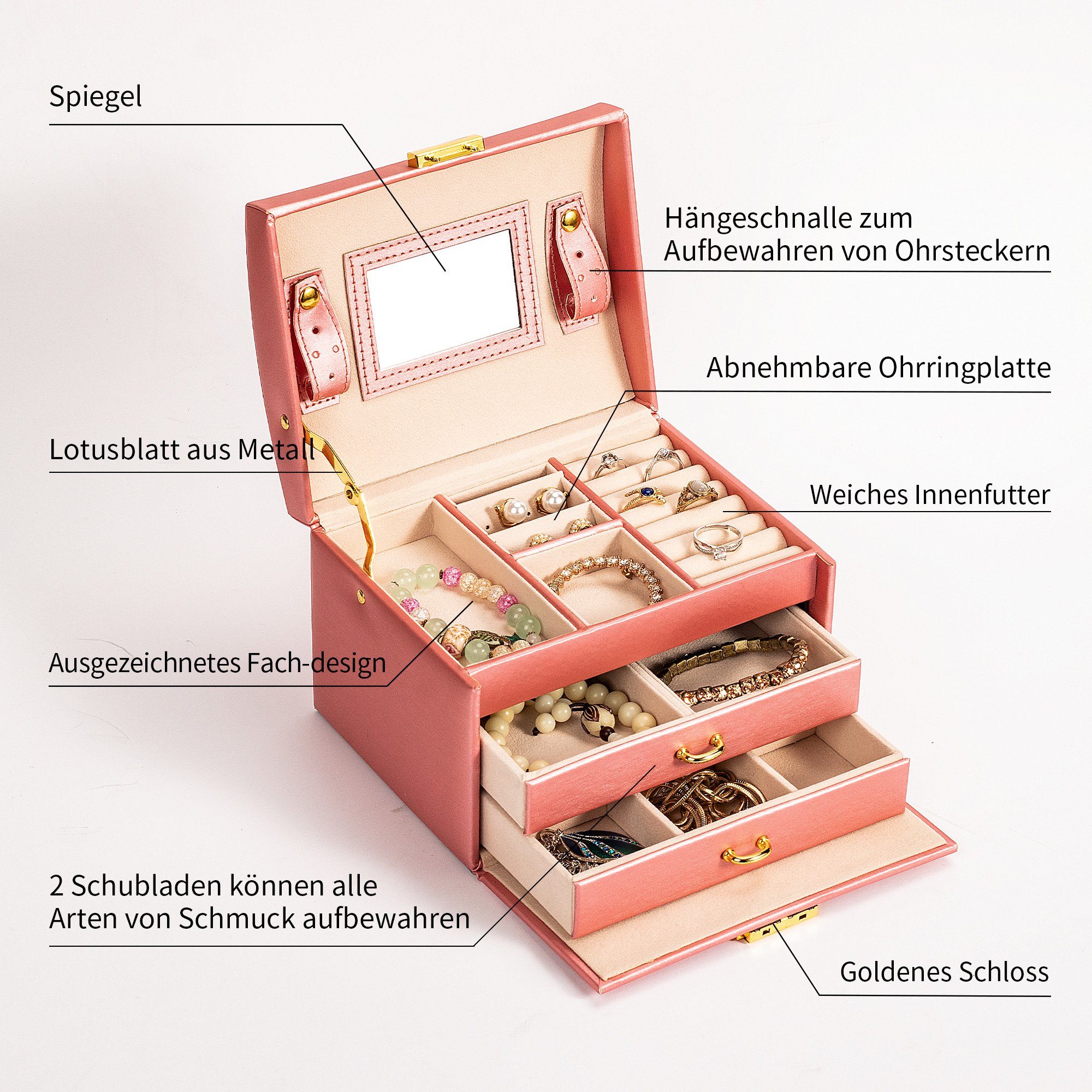 Aufbewahrung Fall Schmuckschatulle YY-J021, Schmuckkasten Leder Organizer Schöne pink AdelDream