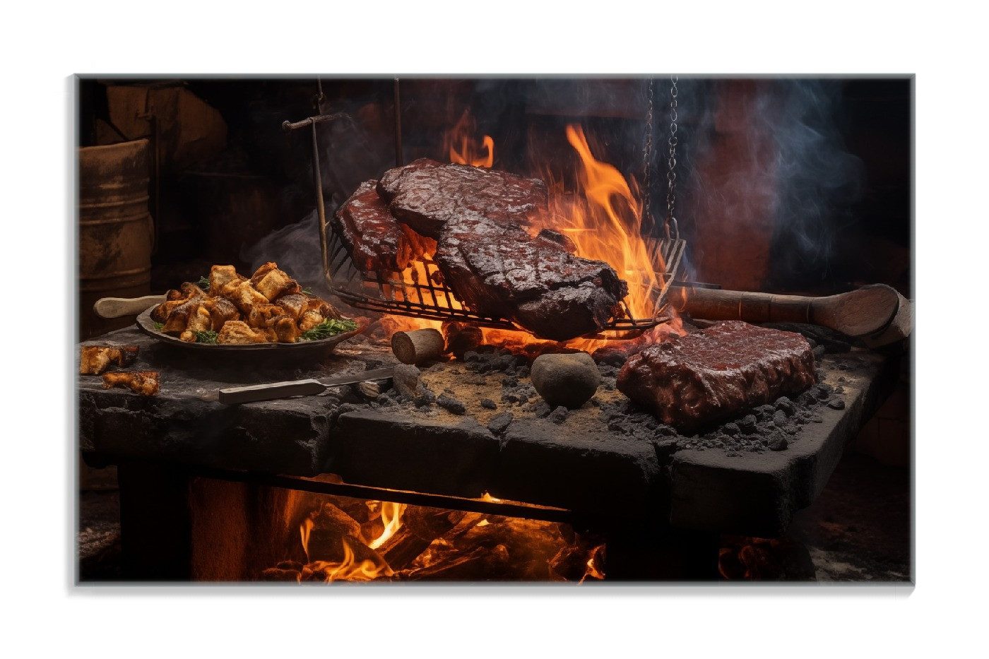 Wallario Frühstücksbrett Urige Grillkunst: Steakschmiede, ESG-Sicherheitsglas, (inkl. rutschfester Gummifüße 4mm, 1-St), 14x23cm