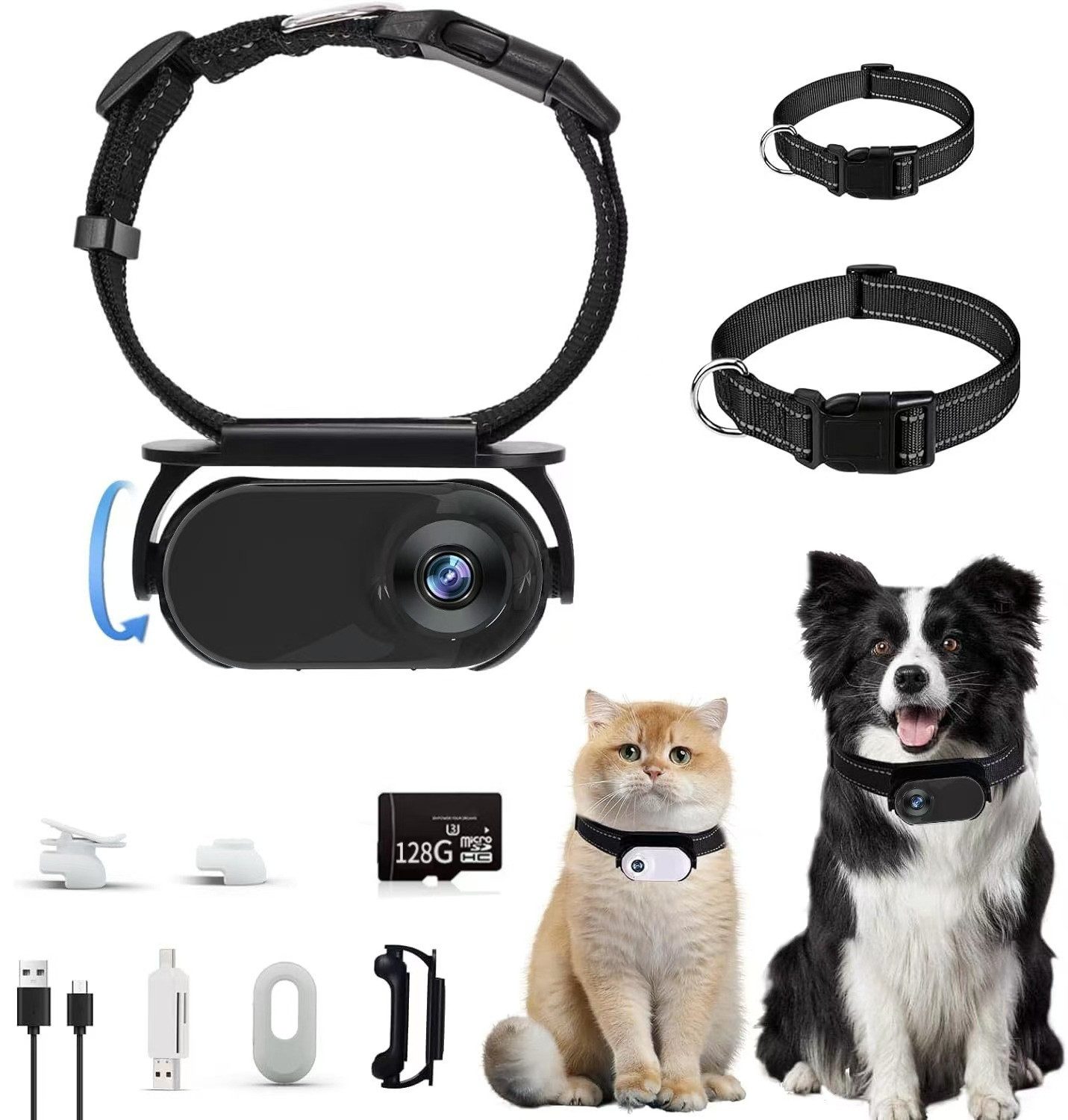 FELIXLEO Überwachungskamera 128G Black Cat Camera Collar Pet Camera with Camera Clips