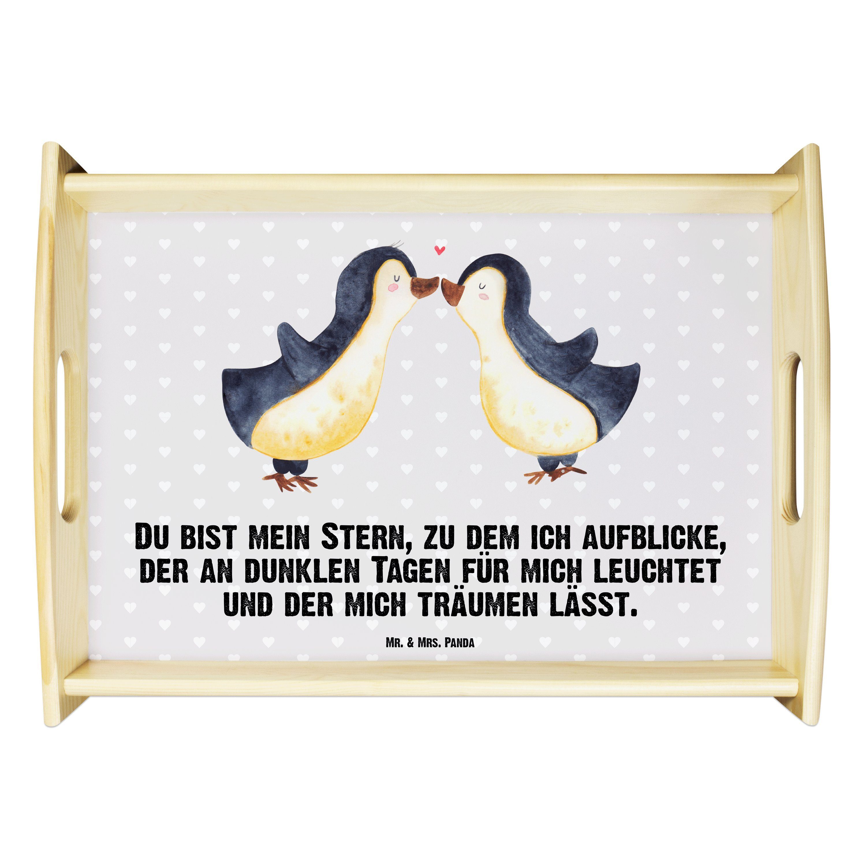Mr. & Mrs. Panda Tablett Pinguin Liebe - Grau Pastell - Geschenk, Frühstückstablett, Dekotable, Echtholz lasiert, (1-tlg)