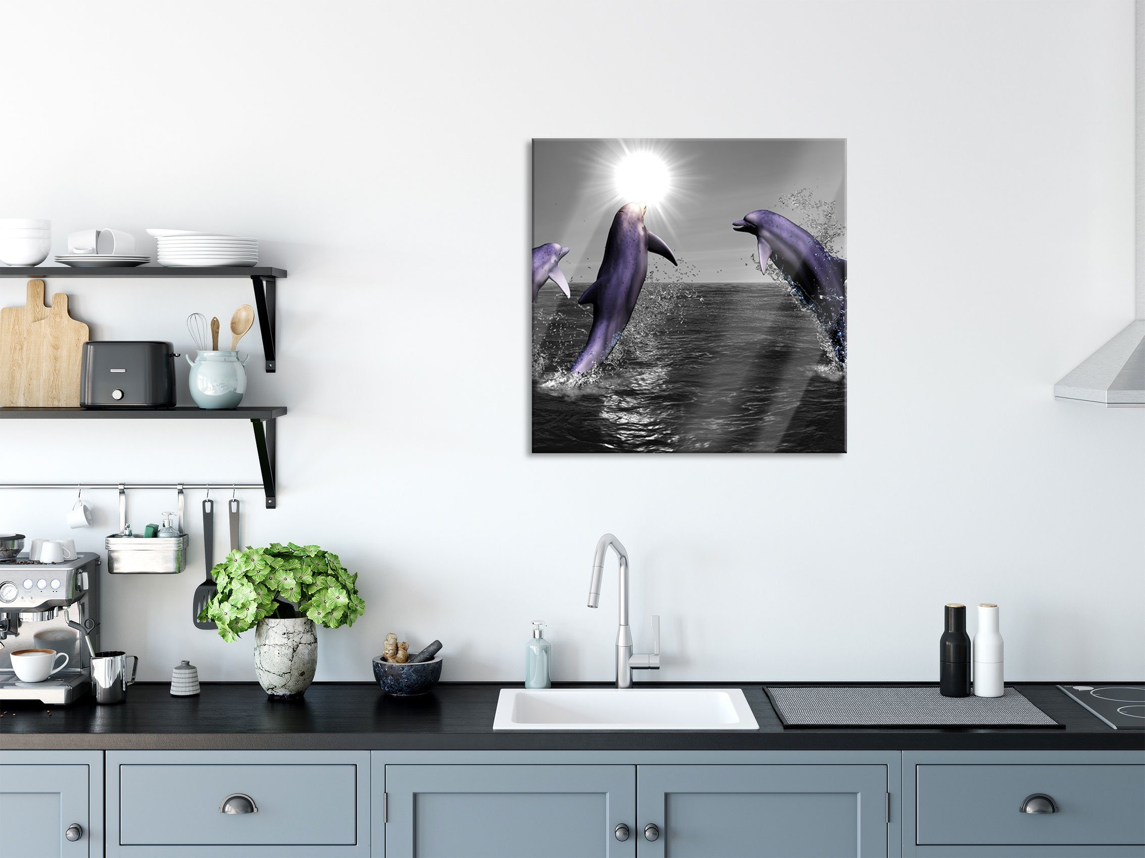 Pixxprint Echtglas, Glasbild Glasbild inkl. Meer Fröhliche aus Abstandshalter Meer, im im Aufhängungen St), Delfine und springen springen Fröhliche Delfine (1