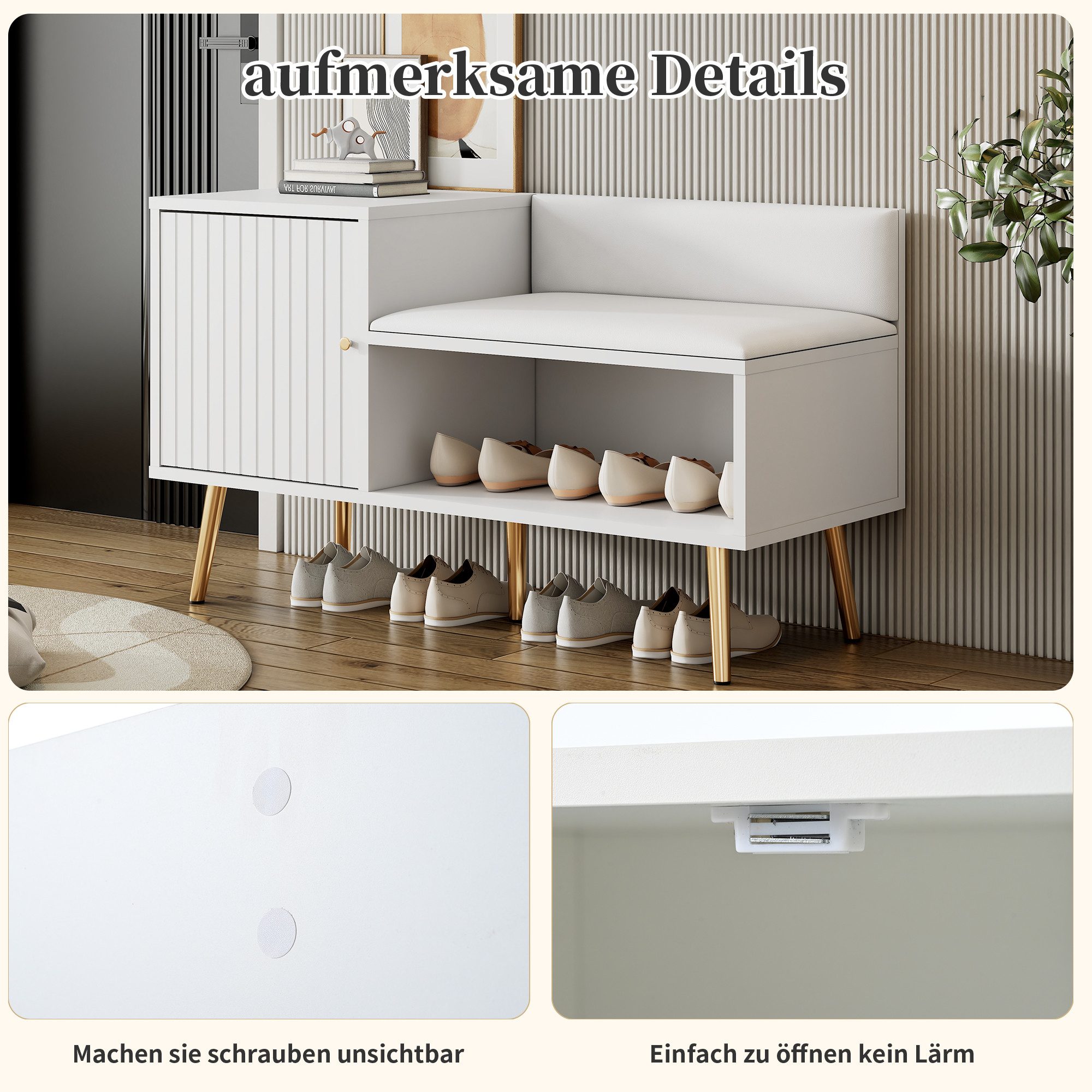 Flieks Schuhschrank B100/T40/H58 cm (1-St., gepolsterter Sitzfläche und Metallgriff, ca 8 Paar Schuhe) Schuhwechselhocker mit Seitenschrank Schuhbank mit Tür We – Bild 5 von 5