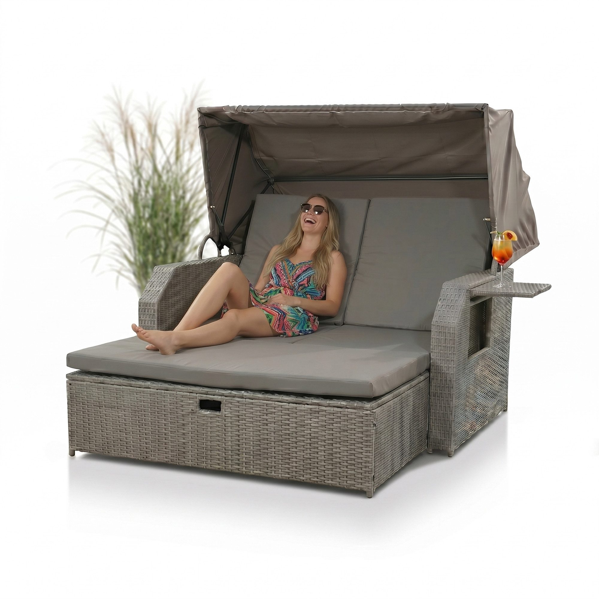 Mucola Strandkorb Strandkorb Sonnenliege Sonnenbett mit Dach aus Polyrattan Relaxliege, BxTxH: 145,00x143,00x130,00 cm, (Stück, 1-tlg), Sonnenschutzdach