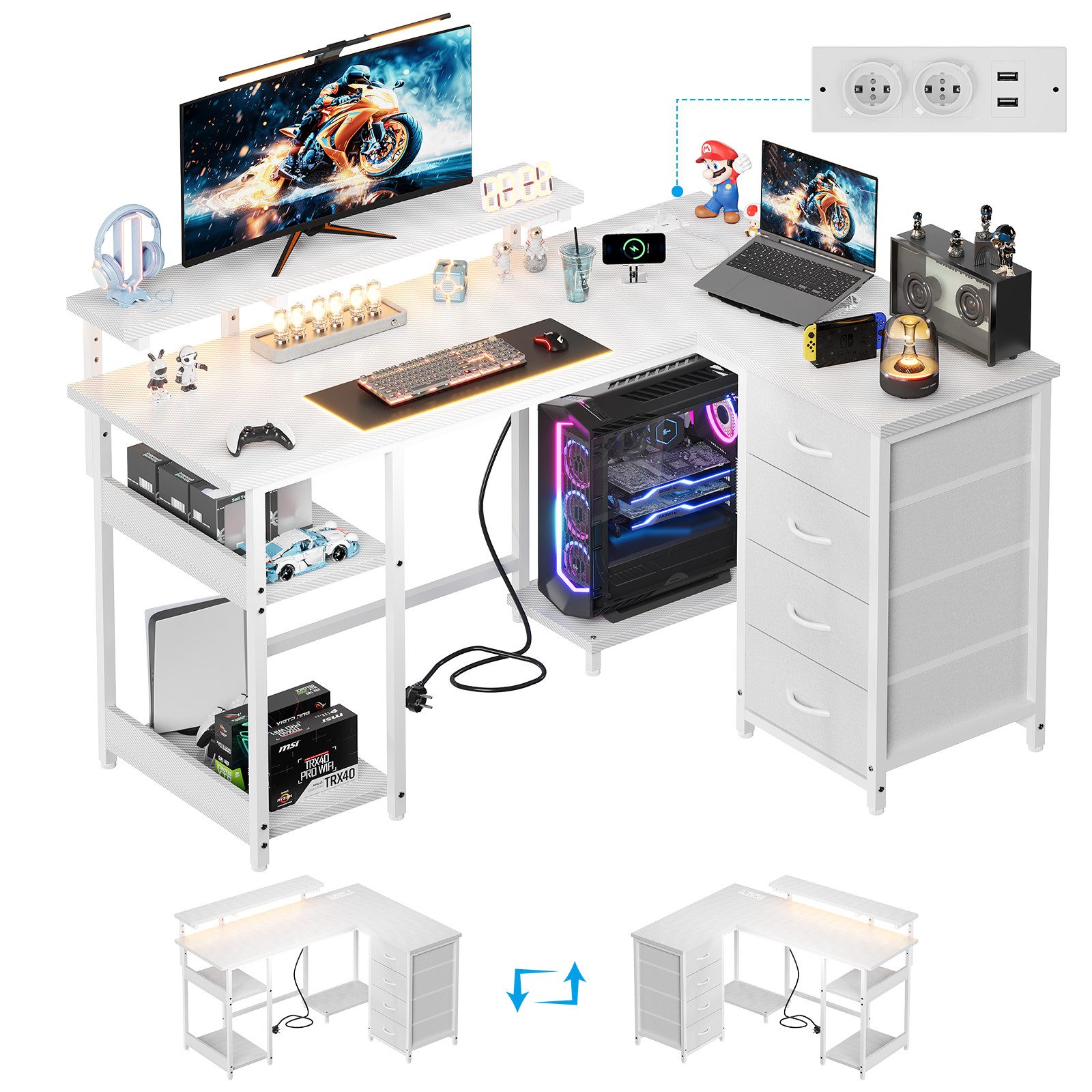 HOMALL Eckschreibtisch 140/160 cm Schreibtisch mit Schubladen, Monitorhalterung, Gaming-Tisch (Aussestatet mit 2 Seckeesen 2 Us -Anschusen 4 Schubladen eimer eherverselaren Montertaerune ener LED-Lkchteste, 2 Eimlegeboaen sowte einer Heterung ter den PC Tower)