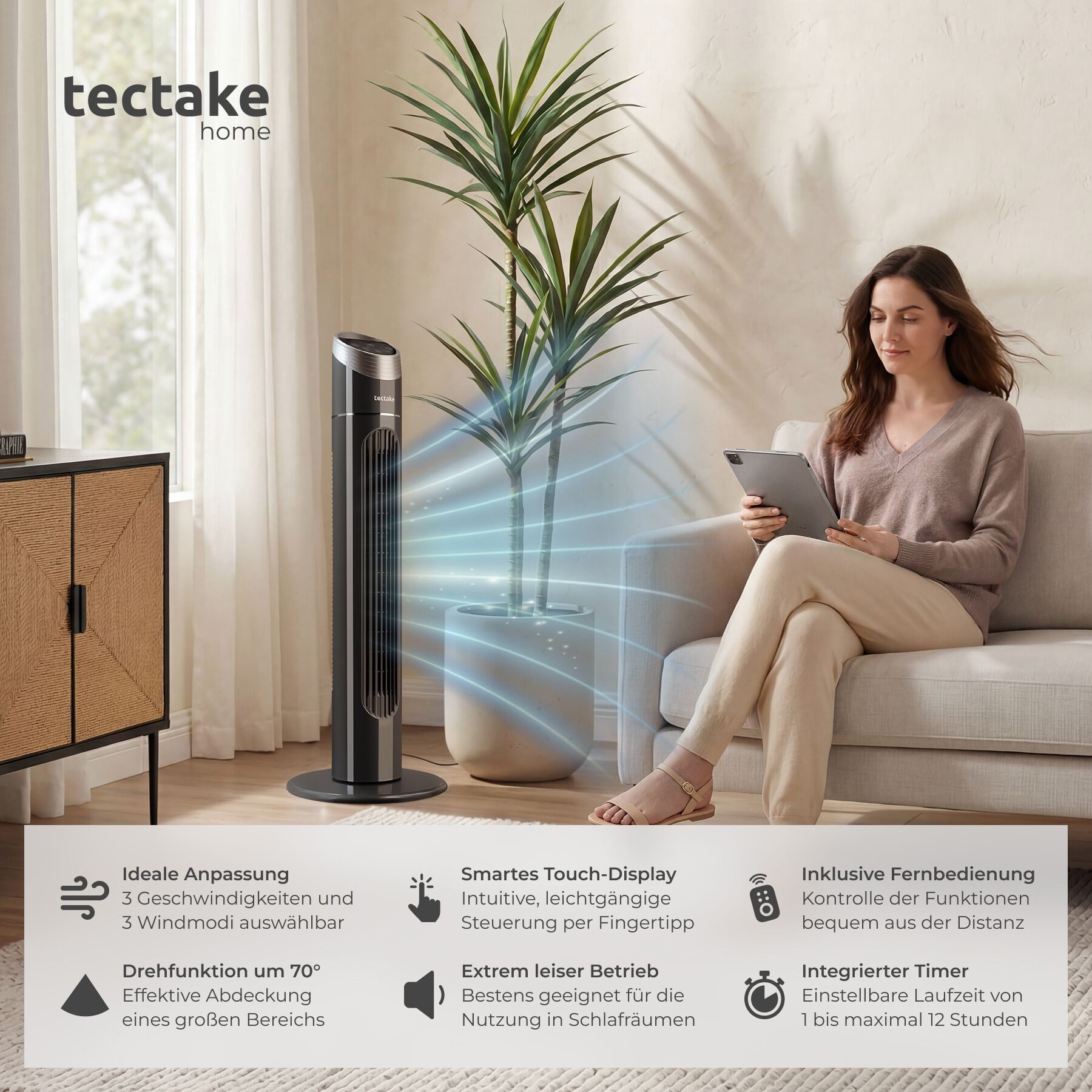 tectake Turmventilator Standlüfter in anthrazit, 3 Modi, 31 x 90 cm, Inkl. Fernbedienung, oszillierend, mit Timer-Funktion, Touch-Bedienfeld mit LED-Beleuchtung