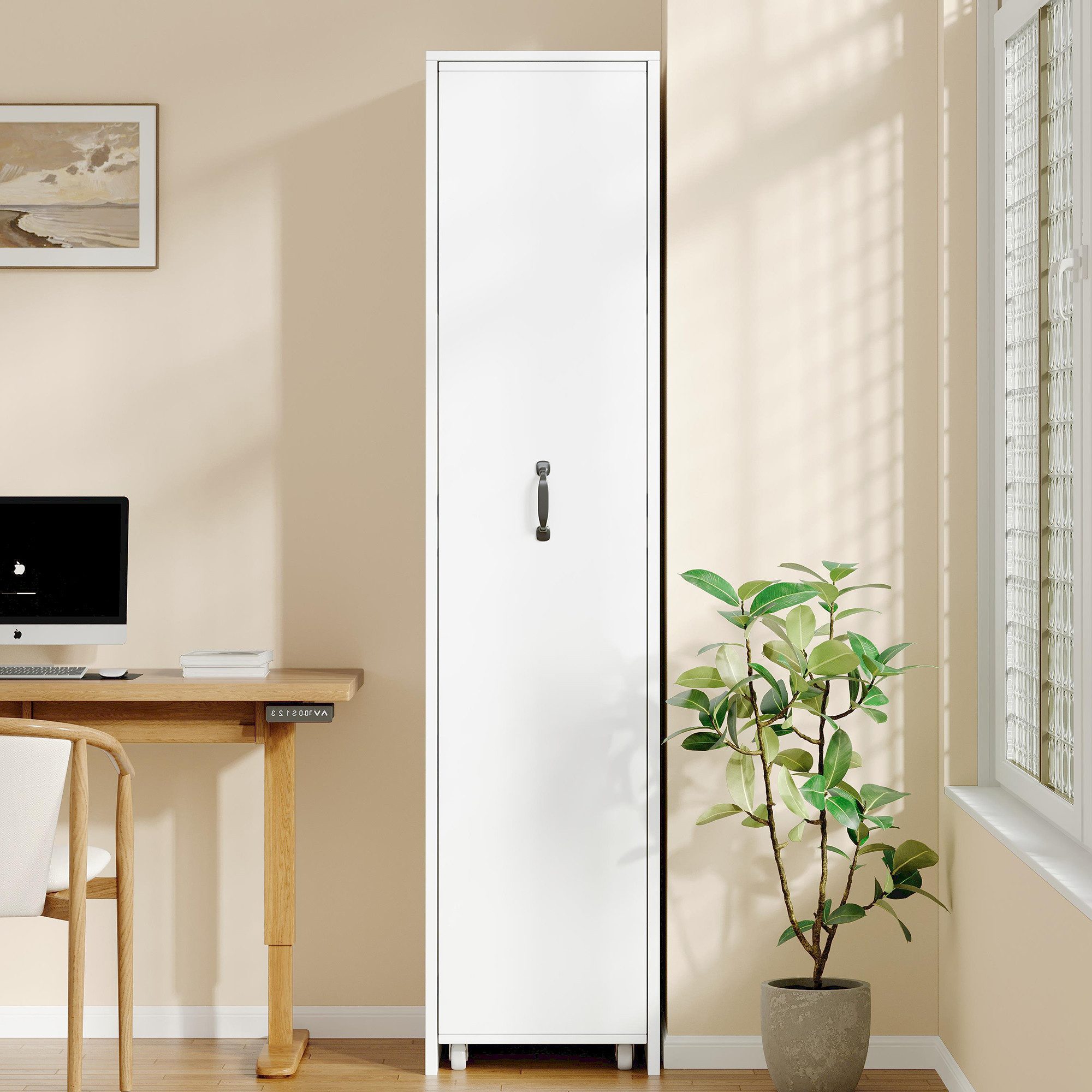 Flieks Bücherregal multifunktionaler Hochschrank Speicherregal 4 Ebenen mit Rollen, 1-tlg., schmal Mehrzweckschrank Highboard mit 4-stufiges Schubladen Weiß – Bild 3 von 5