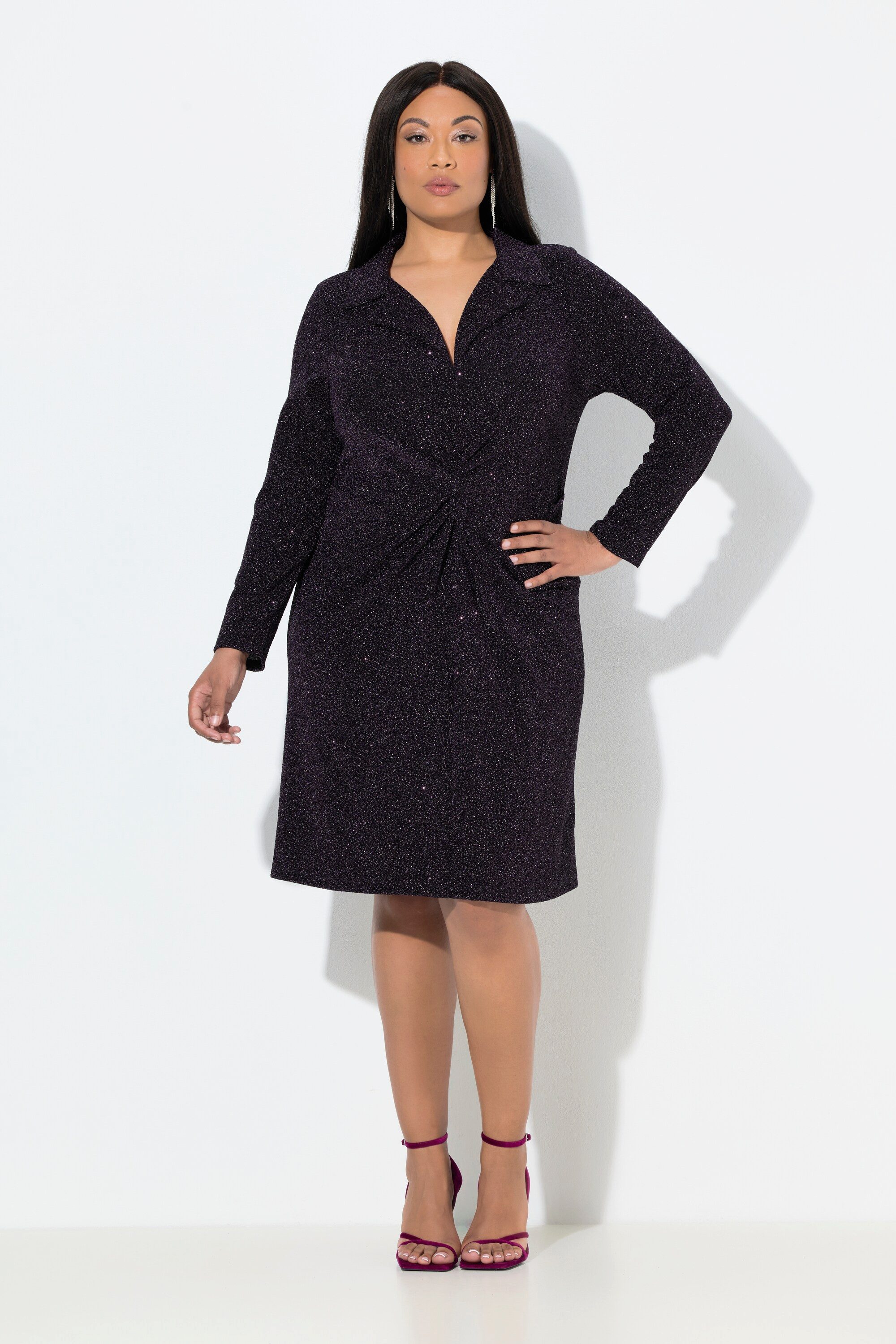 Ulla Popken Minikleid Jerseykleid Glitzer-Effekt Reverskragen Langarm günstig online kaufen