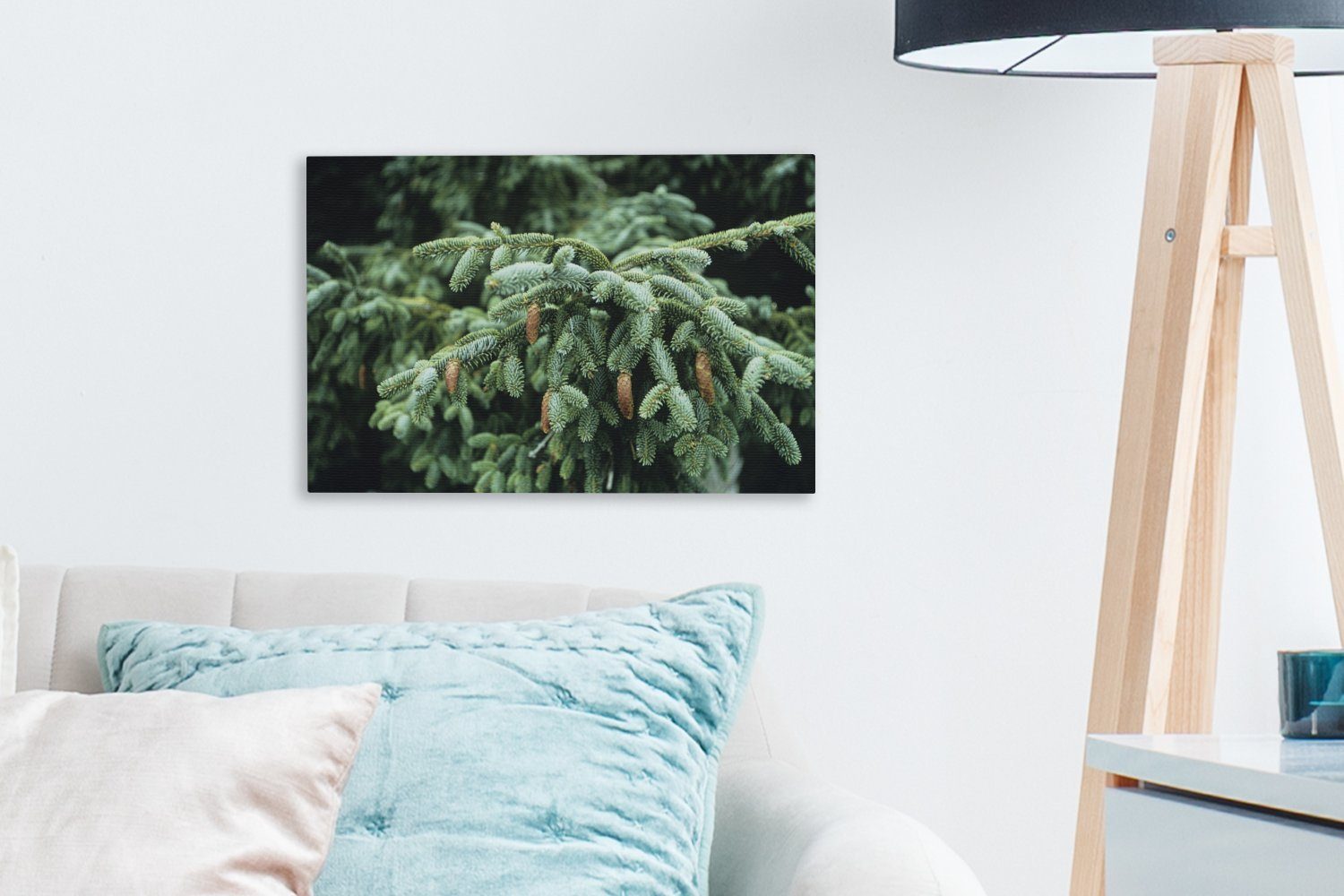 einem Aufhängefertig, in Nahaufnahme St), cm eines (1 Leinwandbilder, den, in OneMillionCanvasses® Leinwandbild Wandbild Wald Wanddeko, Eine Weihnachtsbaums 30x20