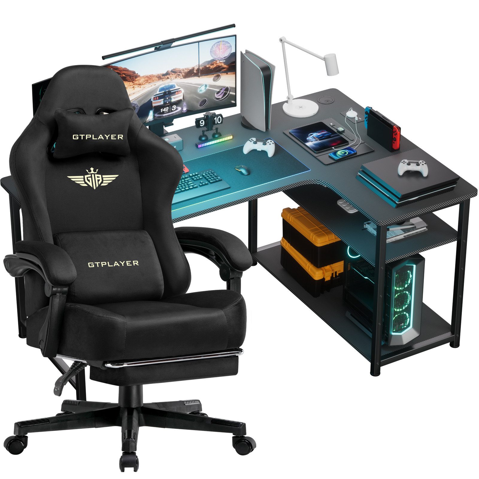 GTPLAYER Gamingtisch Gaming Tisch + Gaming Stuhl- Set, Computertisch Stuhl Set für Gaming, Multifunktionale Tische und Stühle