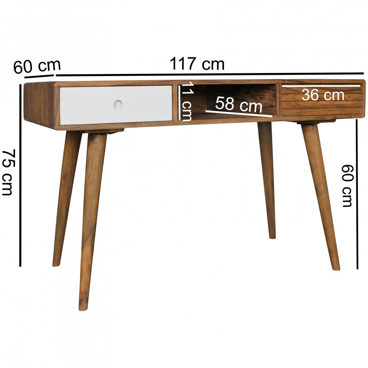 FINEBUY Weiß), Bürotisch PC-Tisch SuVa4909_1 Sheesham Home Office Schreibtisch Weiß mit Schubladen (117x60x75 | cm Weiß Massivholz Stauraum,