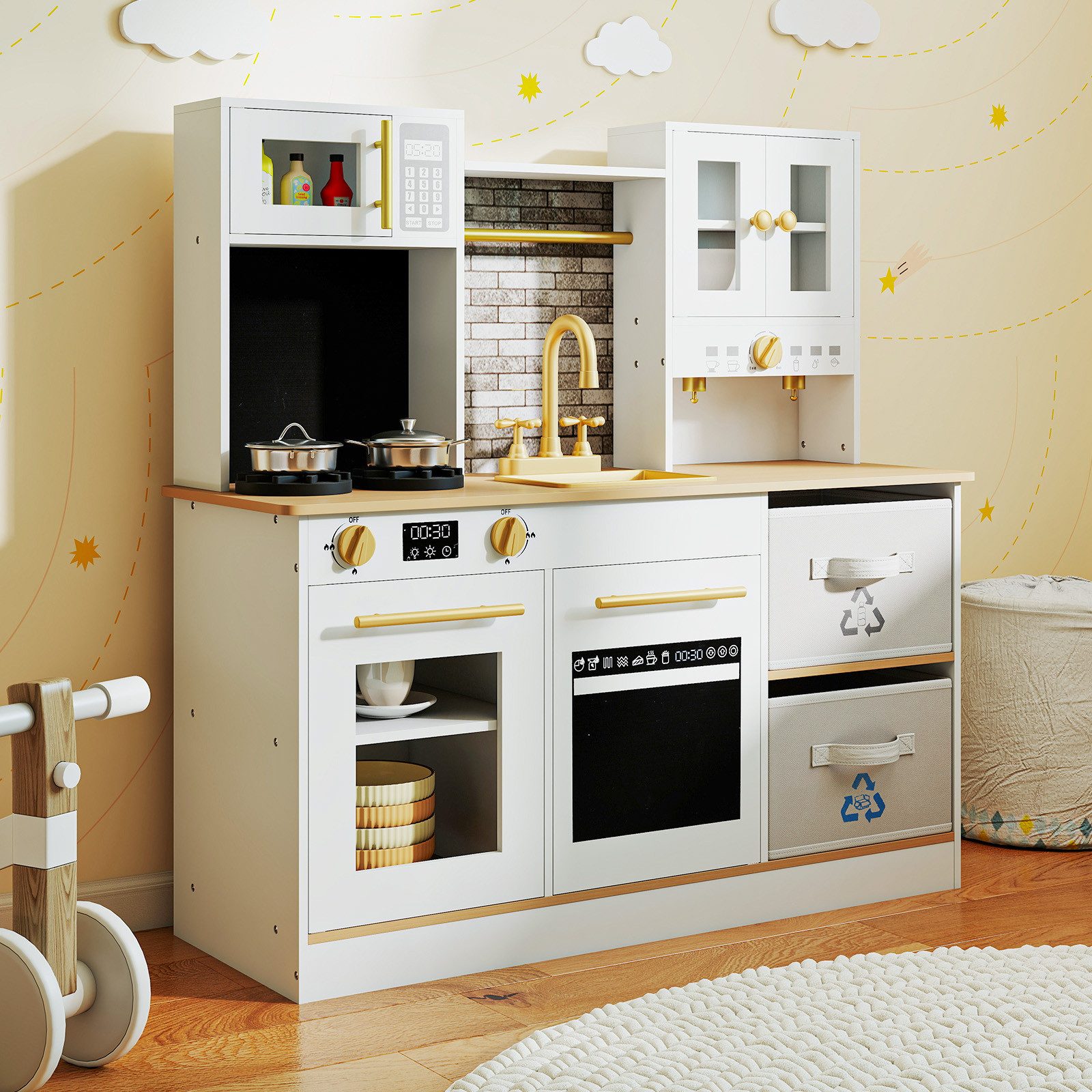 COSTWAY Spielküche Holz, Holz, mit Kaffeemaschine & Kochgeschirr, ab 3 Jahr günstig online kaufen