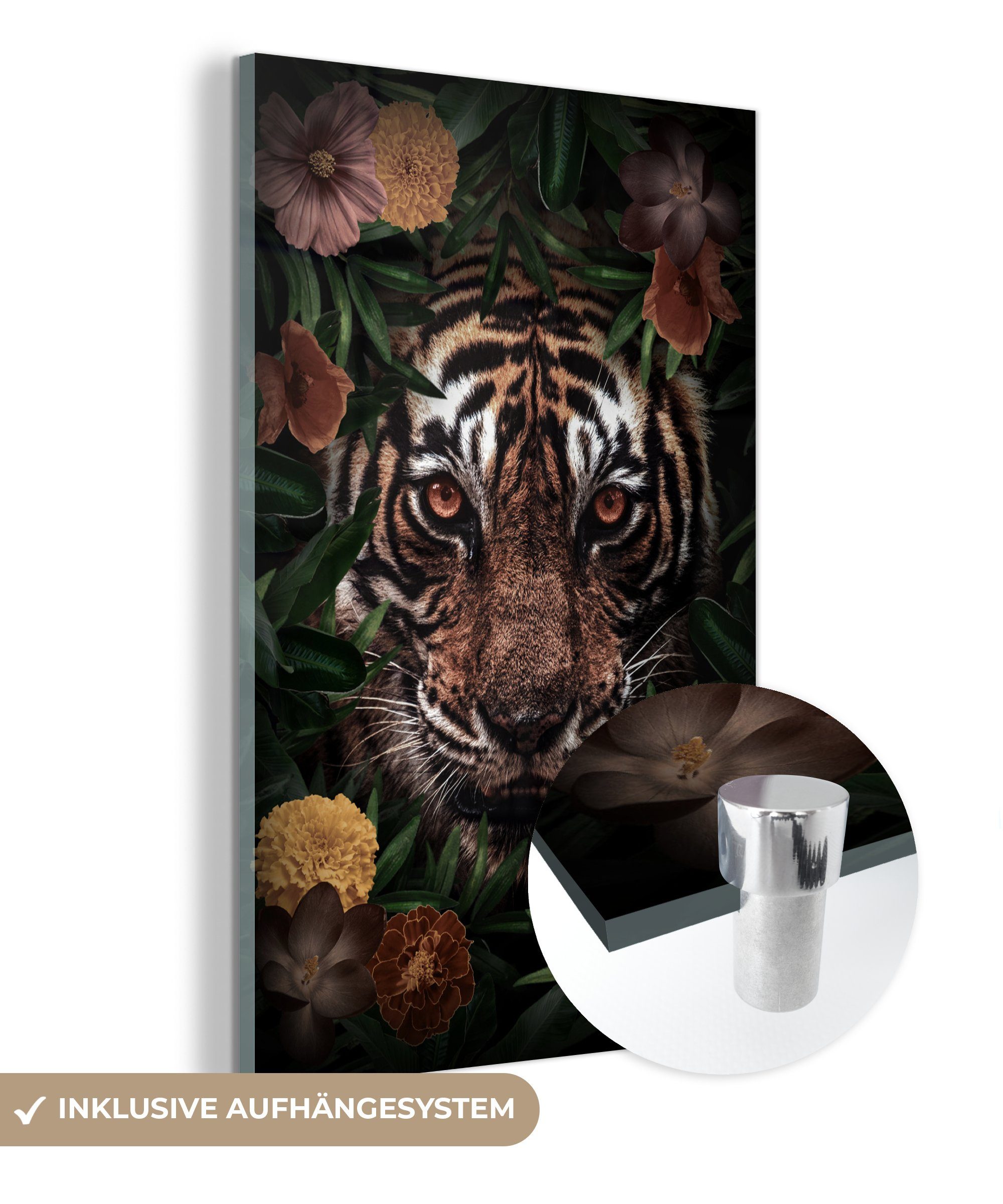 MuchoWow Acrylglasbild Tiger - Braun - Blumen, (1 St), Glasbilder - Bilder auf Glas Wandbild - Foto auf Glas - Wanddekoration bunt