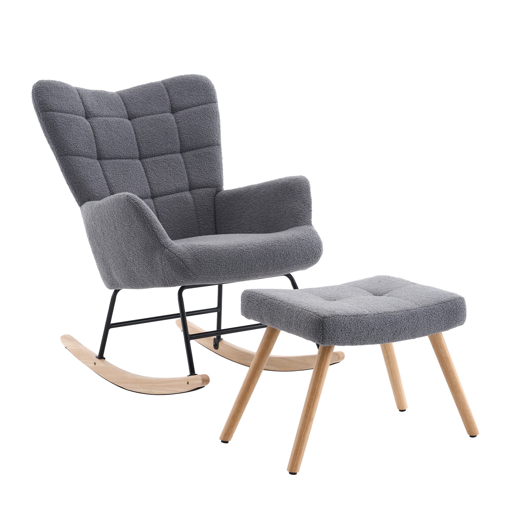 HAUSS SPOLE Schaukelstuhl mit Fußhocker, gepolsterter Relaxsessel mit Holzschaukelfüßen,Grau (Relaxsessel-Set mit Wippfunktion und Beistellhocker), Lounge-Sessel mit separatem Fußhocker und Holzschaukelfüßen