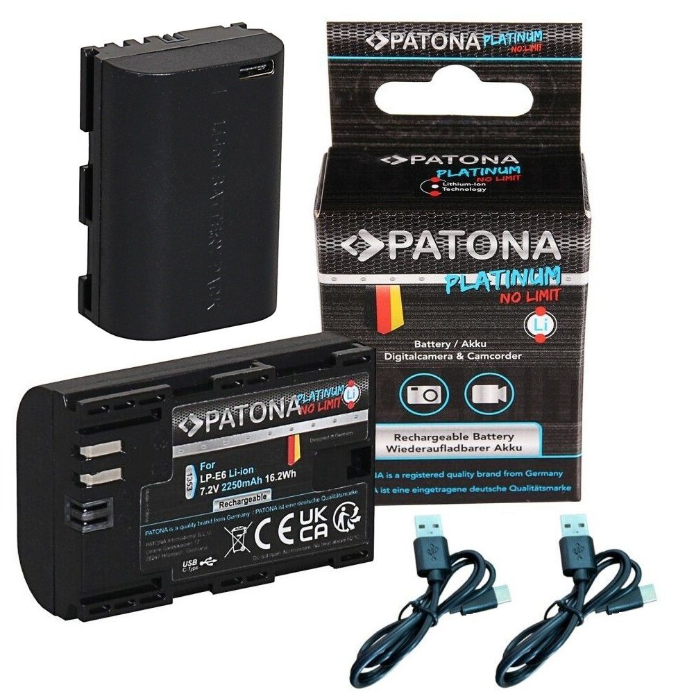 Patona 2x Platinum Akku 2250 LPE6 III Canon mAh 70D Ersatzakku 5D V, USB-C für Kamera-Akku (7,2 Eingang Mark 60D 6D 7D St), 2 Kamerakku EOS LP-E6 mit