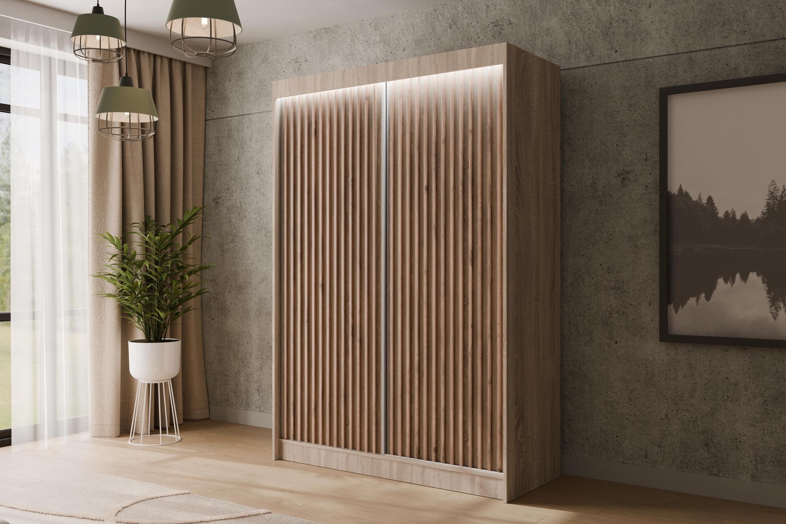 ALTDECOR Schiebetürenschrank VILANv2 (Kleiderschrank Garderobenschrank mit viel Stauraum Moderner Schrank) Vielseitiger Schwebetürenschrank Lamellen LED Beleuch – Bild 3 von 5