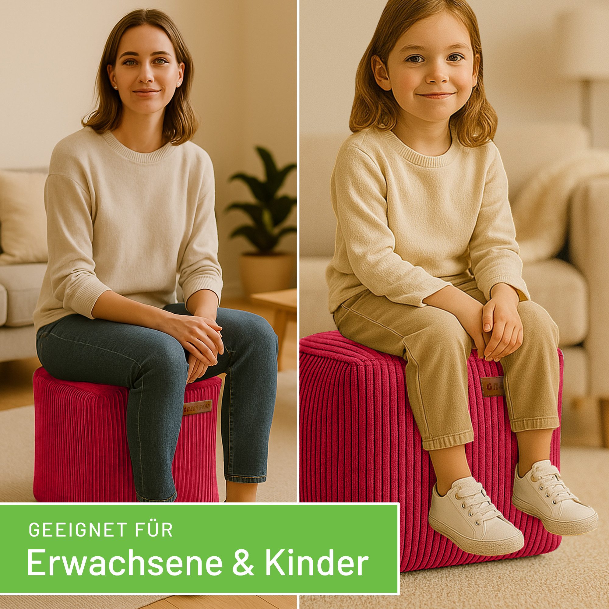 Green Bean Pouf Cube Cord (Indoor Sitzhocker Sitzkissen Fußhocker Relax-Sessel, Made in Germany), die ideale Ergänzung zum Sitzsack